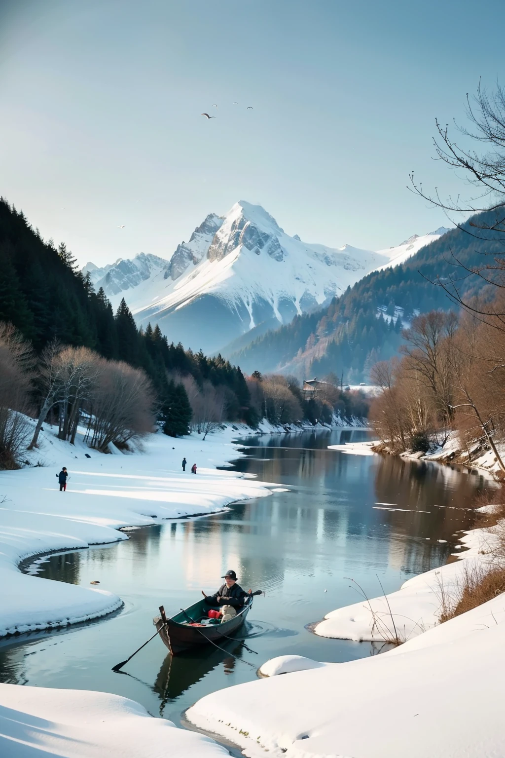 Draw a classical Chinese landscape painting,No modern elements can appear in the picture。The picture is mainly,An angler wearing a raincoat is fishing in a small boat on the river,The water is calm,There are green mountains on both sides of the river,A few birds flew over the mountain,The mountains are covered in snow。