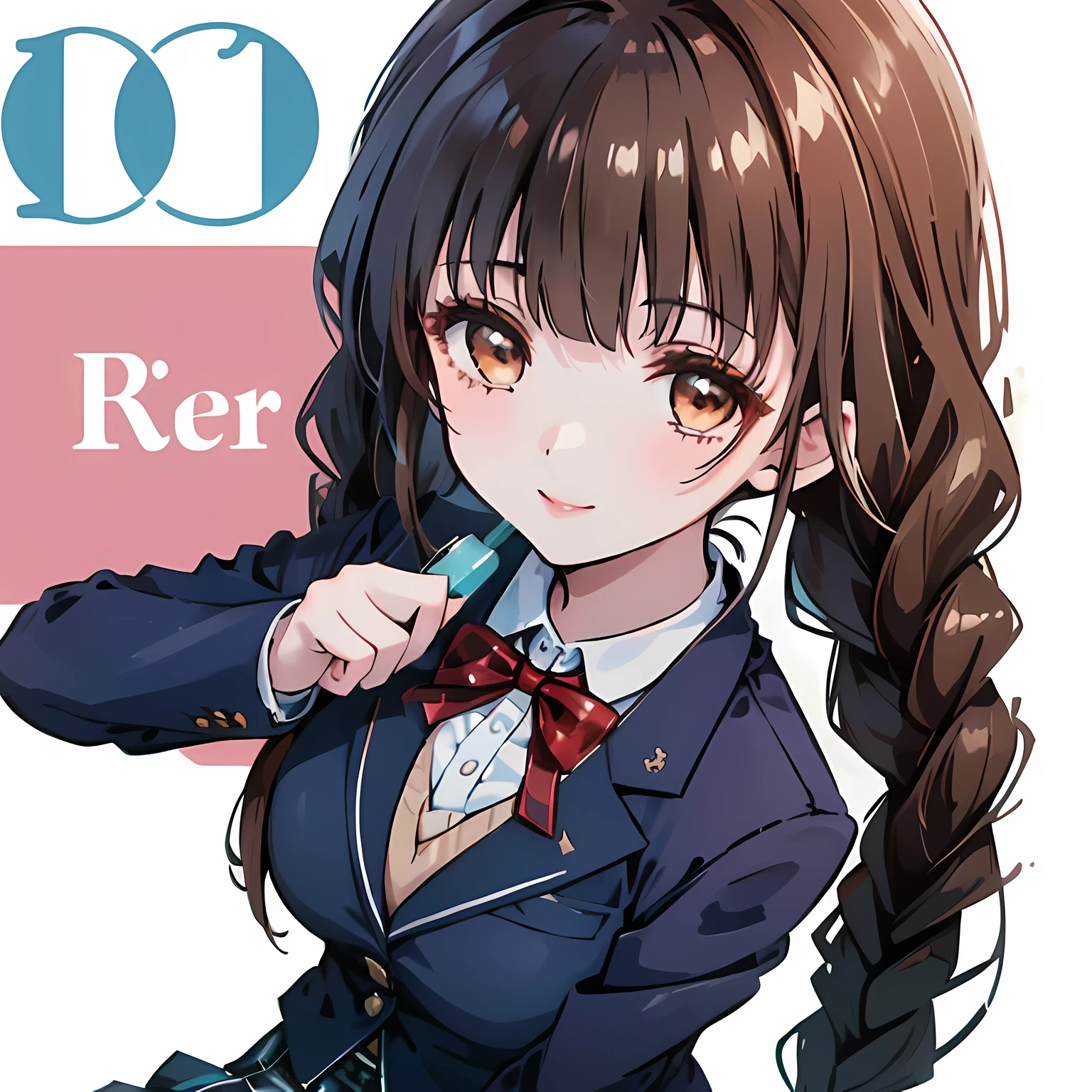 highest quality, (masterpiece:1.2), High resolution, perfect pixel, One so beautiful woman is standing, 16 years old, (((big very detailed beautiful dark brown eyes))), ((girly large wine-red glossy polyester Japanese school ribbon bow tie)), (((beautiful twin braids hair))), ((((dark blue & deep navy colored tartan checkered formal skirt)))), ((A formal dark blue blazer that is slightly larger and has a gold emblem on the left chest that feels like the texture of the cloth.)), Watching the viewer and laughing, Very fun, Very happy, mouth is open, the skirt is so cute, detailed fingers, modest chest, curled bangs, ((Lip balm)), so beautiful, long eyelashes, ((Skirt and bow tie is photo realistic)), ((a very shy girl)), Appeal to viewers, big long girly hair ribbons, ((Impressive and very beautiful eyes)), (((shot from above))), double eyelids, The entire skirt is photographed, ((((upward glance)))), The goddesses are supporting this girl&#39;s love life.