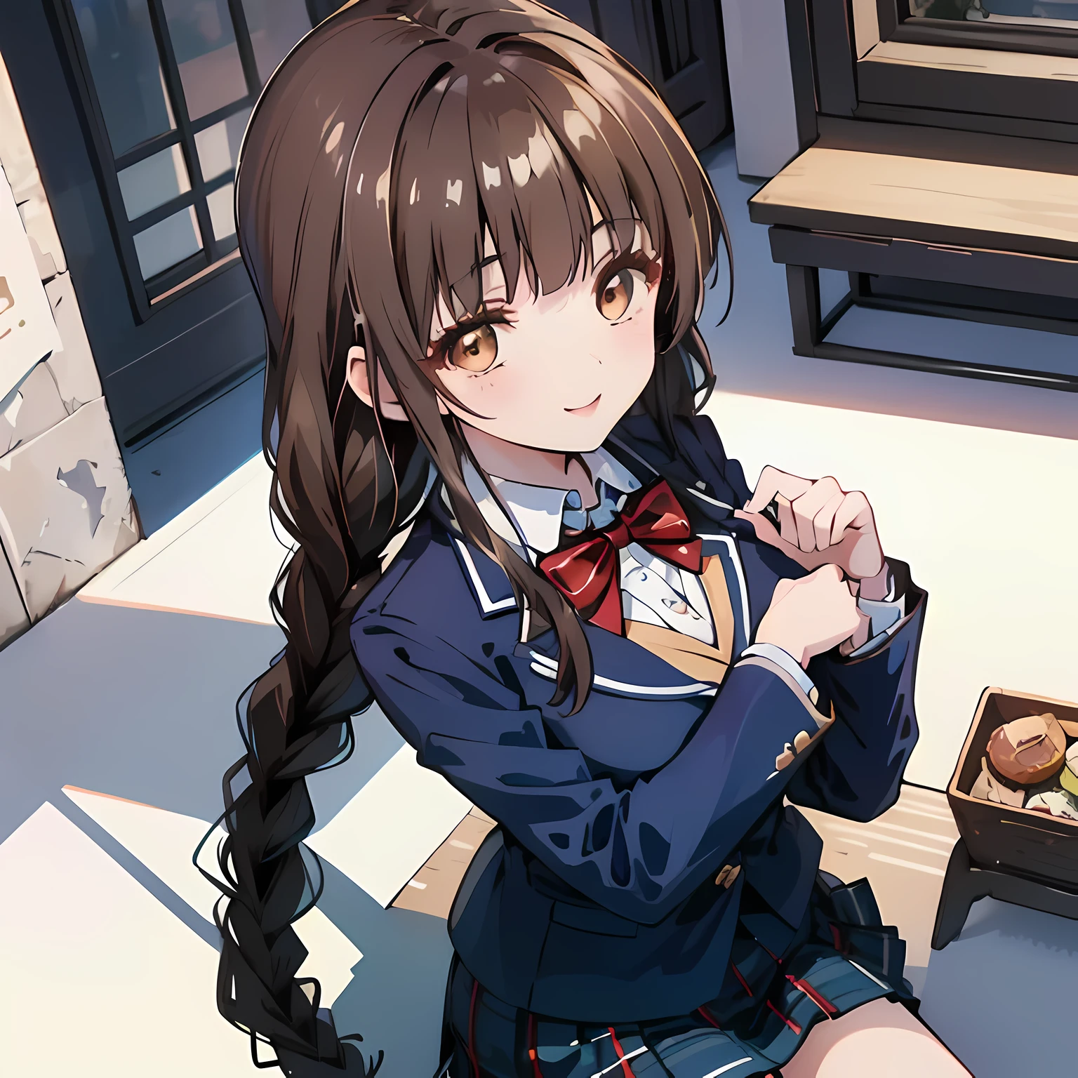 highest quality, (masterpiece:1.2), High resolution, perfect pixel, One so beautiful woman is standing, 16 years old, (((big very detailed beautiful dark brown eyes))), ((girly large wine-red glossy polyester Japanese school ribbon bow tie)), (((beautiful twin braids hair))), ((((dark blue & deep navy colored tartan checkered formal skirt)))), ((A formal dark blue blazer that is slightly larger and has a gold emblem on the left chest that feels like the texture of the cloth.)), Watching the viewer and laughing, Very fun, Very happy, mouth is open, the skirt is so cute, detailed fingers, modest chest, curled bangs, ((Lip balm)), so beautiful, long eyelashes, ((Skirt and bow tie is photo realistic)), ((a very shy girl)), Appeal to viewers, big long girly hair ribbons, ((Impressive and very beautiful eyes)), (((shot from above))), double eyelids, The entire skirt is photographed, ((((upward glance)))), The goddesses are supporting this girl's love life.