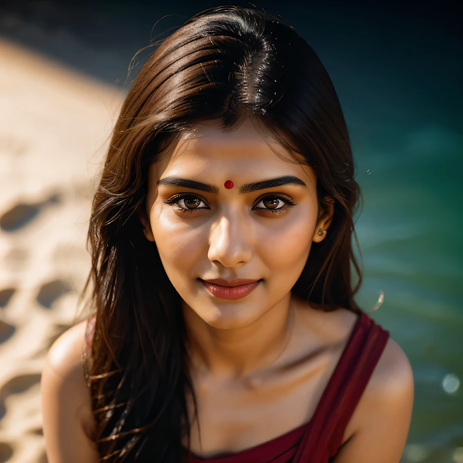 (Rhea Chakraborty:0.3), (Alia Bhatt:0.6), (Kriti Sanon:0.7), (top view photo: 1.5), (of a beautiful mature Indian college girl:1.5), (highly detailed face:1.4, smile), ((slim, flawless complexion, perfect eyes, long flowing brunet hair, skin pores texture)), (bright beach background), (Ultra realistic illustration), hyper realistic, sharp focus, unreal engine, photorealistic, photo, masterpiece, realism, photorealism, high contrast, by lee jeffries, nikon d850, film stock photograph, 4 kodak portra 400, camera f1.6 lens, rich colors, hyper realistic, lifelike texture, natural lighting , cinestill 800, depth of field