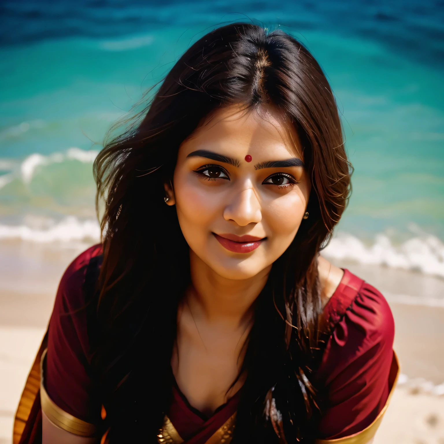 (Rhea Chakraborty:0.3), (Alia Bhatt:0.6), (Kriti Sanon:0.7), (top view photo: 1.5), (of a beautiful mature Indian college girl:1.5), (highly detailed face:1.4, smile), ((slim, flawless complexion, perfect eyes, long flowing brunet hair, skin pores texture)), (bright beach background), (Ultra realistic illustration), hyper realistic, sharp focus, unreal engine, photorealistic, photo, masterpiece, realism, photorealism, high contrast, by lee jeffries, nikon d850, film stock photograph, 4 kodak portra 400, camera f1.6 lens, rich colors, hyper realistic, lifelike texture, natural lighting , cinestill 800, depth of field