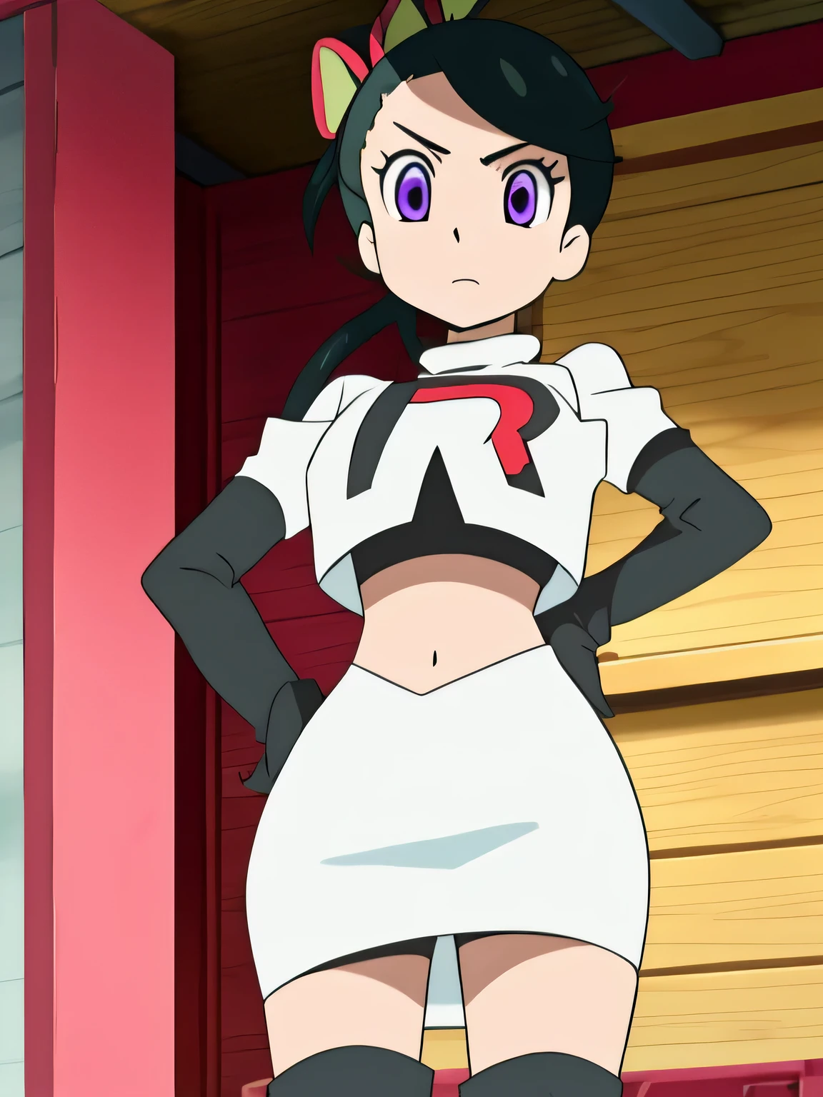 8k, masterpiece,highres,very large breast, team rocket uniform, red letter r, white skirt,white crop top,black thigh-high boots, black elbow gloves, glaring angrily, looking down at viewer, hands on hips, cowboy shot, zettai ryouiki,from below, black panties,anime style, vivid colors, sharp focus, intense lighting,masterpiece, best quality, highres,kanao tsuyuri, black hair, butterfly, butterfly hair ornament, (purple eyes:1.1), side ponytail, ponytail
