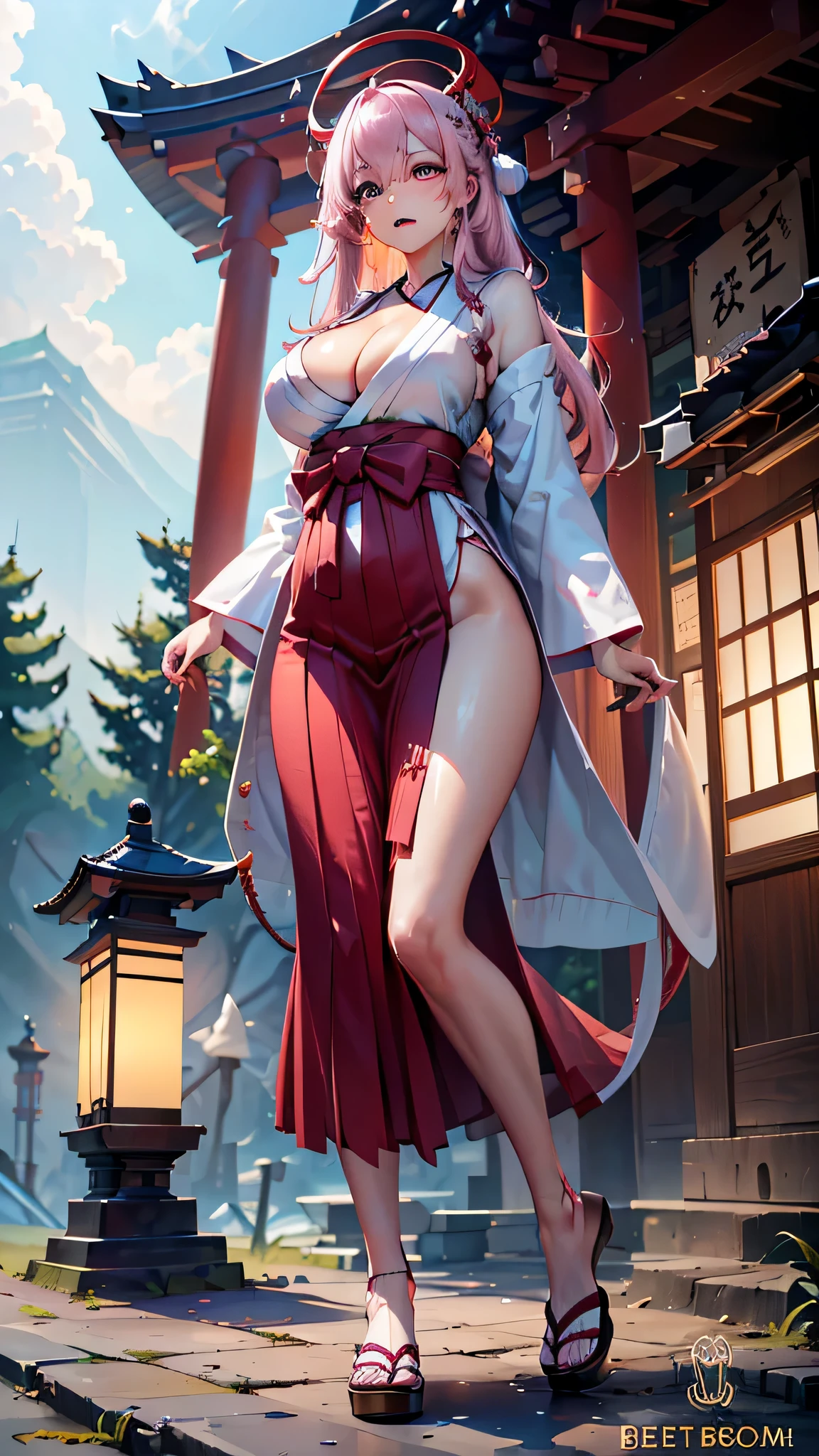 ((NSFW:0.8)), Ultra High Resolution, (8K, Raw photo, Best Quality, masutepiece:1.2), high-definition RAW color photography, professional photograpy, (Realistic, photographrealistic:1.37), An ultra-fine illustrations, textile shading, Cinematic lighting, (1womanl, 26 years old), Very beautiful, White skin, Real Human Skin, (Fine detailed face:1.2), oval-face, BREAK, slim, (huge-breasted:1.4, Sobbing the chest:1.37, Big , Big cleavage:1.2), Glamorous, (Lifter Gloss, Eyelashes, gloss-face, Best Quality, Broad lighting, Natural Shading), BREAK, Medium Long Hair, Thin, Shaggy, Wavy, A pink-haired, Bangs, Hair over one eye, BREAK, (Holding a Japan sword:1.35, Play with Fox), ((Wearing a white priestess uniform:1.35, With burgundy hakama:1.3)), (((Shrine of Japan, torii gate, stone lantern, plein air))), ((lightsmile, Open mouth:1.5, a sultry, blush)), ((Full body:0.0, From below:1.5, Dynamic Angle:1.2, Look at viewers:1.3, Dynamic Posing:1.3)), Blurry background, Bokeh, depth of fields, Ankle Focus:1.3, Centered image, (Correct anatomy:1.5),
