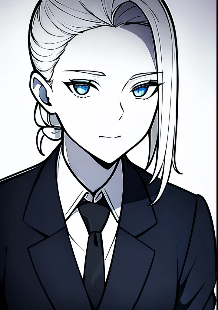 One Young Adult female, white and tender skin, pale blonde slicked back into a short ponytail, steel blue eyes, light and carefree expression, wearing black suit jacket and tie, portrait style, facing forwards