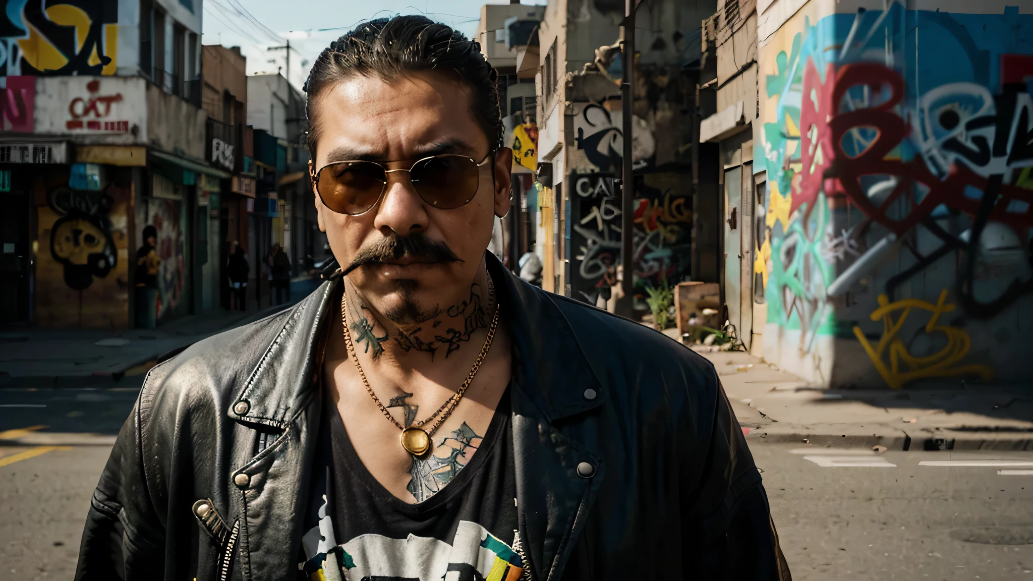 (best quality,realistic),daylight mexican street gangster,portrait,urban style,tattooed face,dark sunglasses,leather jacket,gold chain,narrowed eyes,strong facial expression,thick mustache,smoke coming from the mouth,confident stance,graffiti-covered wall,city skyline in the background,vivid colors,contrast lighting,subtle shadows,street art style,hustle and bustle of a busy street.