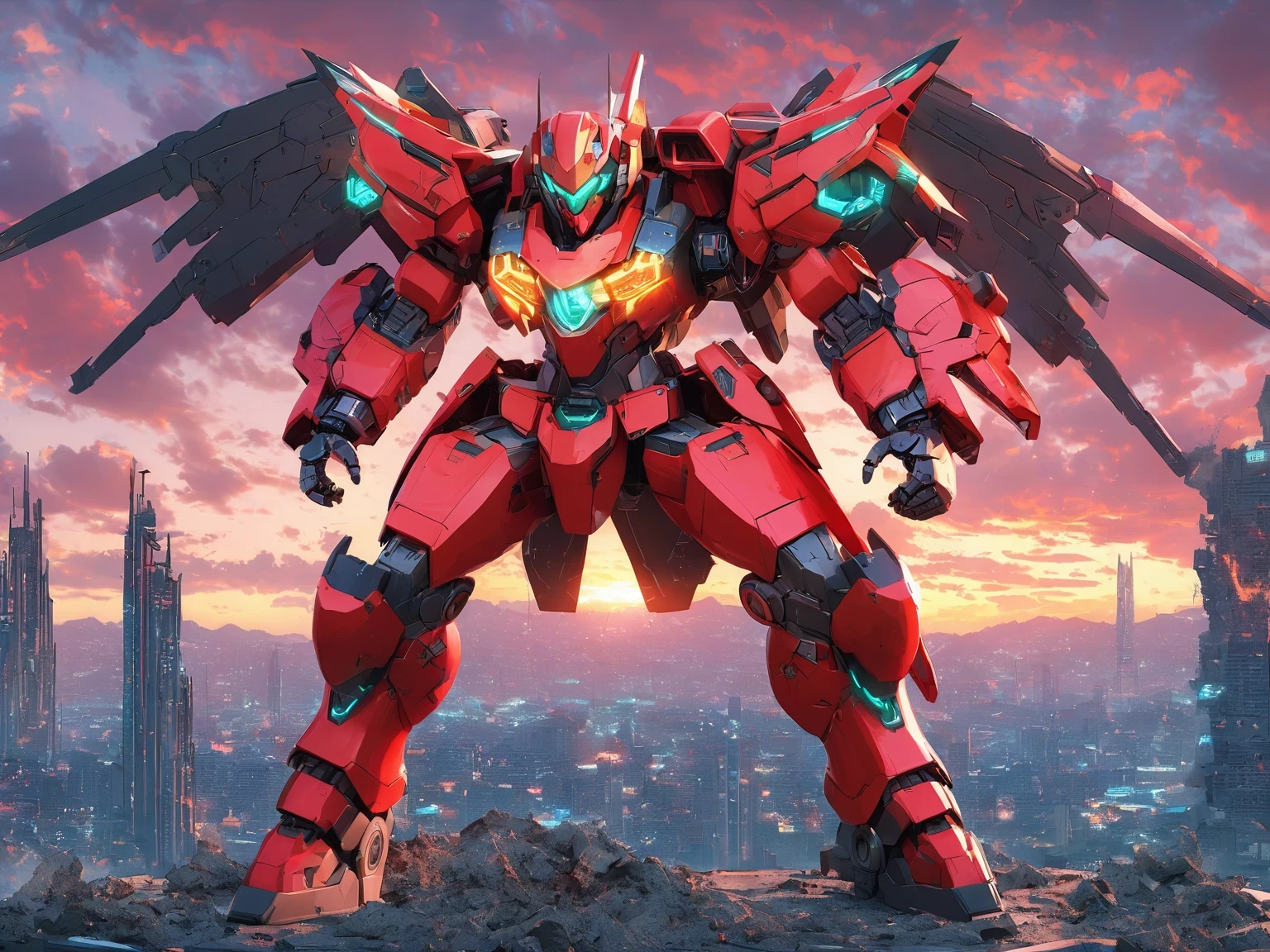 diy6，In a future city on the Pacific coast, towering skyscrapers and neon lights complement each other. The mecha warrior stands in the center of the city, with an overall style reminiscent of the setting in the Pacific Rim movie, blending cyberpunk aesthetics and massive proportions. The entire body is covered with advanced weapons and armor, adorned with neon colors. This mechanical giant is the hope of the future and the guardian of human invasion of extraterrestrial space. It emits industrial miracles and sci-fi landscapes, as if it is a technological terror in a cross dimensional war. Standing on the ruins of the apocalypse, gazing at the deep red sky, its eyes sparkle with fiery light, emitting deafening roars, displaying unstoppable power and lava like anger.