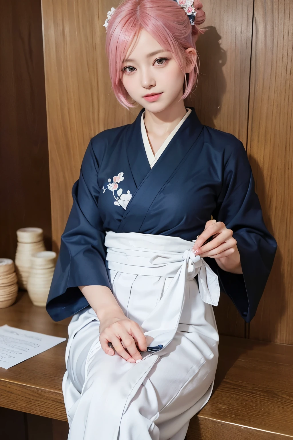 (8K, highest quality, masterpiece:1,2), (realistic, Photoreal:1.37), Super detailed, one girl,), (very detailed), (detailed and beautiful eyes), (highest qualityの), (Super detailed ), (masterpiece), (detailed face),20-year-old, ,1 girl, ((pink hair,very short hair)), medium breasts, dressed, perfect lighting, break (navy blue haori:1.3), (white collar:1.2), (three quarter sleeves:1.2), (white kimono:1.4), (nature motif pattern:1.2), (navy blue hakama:1.3), (Ankle length:1.2), (The hem is not too wide either、:1.2), (white obi:1.4), (simple knot:1.2), (white foot bag:1.2), (Black geta:1.2), (low height:1.2), (Easy to walk:1.2), (bun hair:1.2), (hair ornaments:1.2), (flowers and pieces of paper:1.2), break bun hair, flowers and pieces of paper hair ornaments, smile, friendly, looking at camera, hold soba with right hand, Holding chopsticks with left hand, Please do not put soup on the soba., In front of the soba shop counter, Wall with menu and photos, Natural light, Adding soft shadows to the face