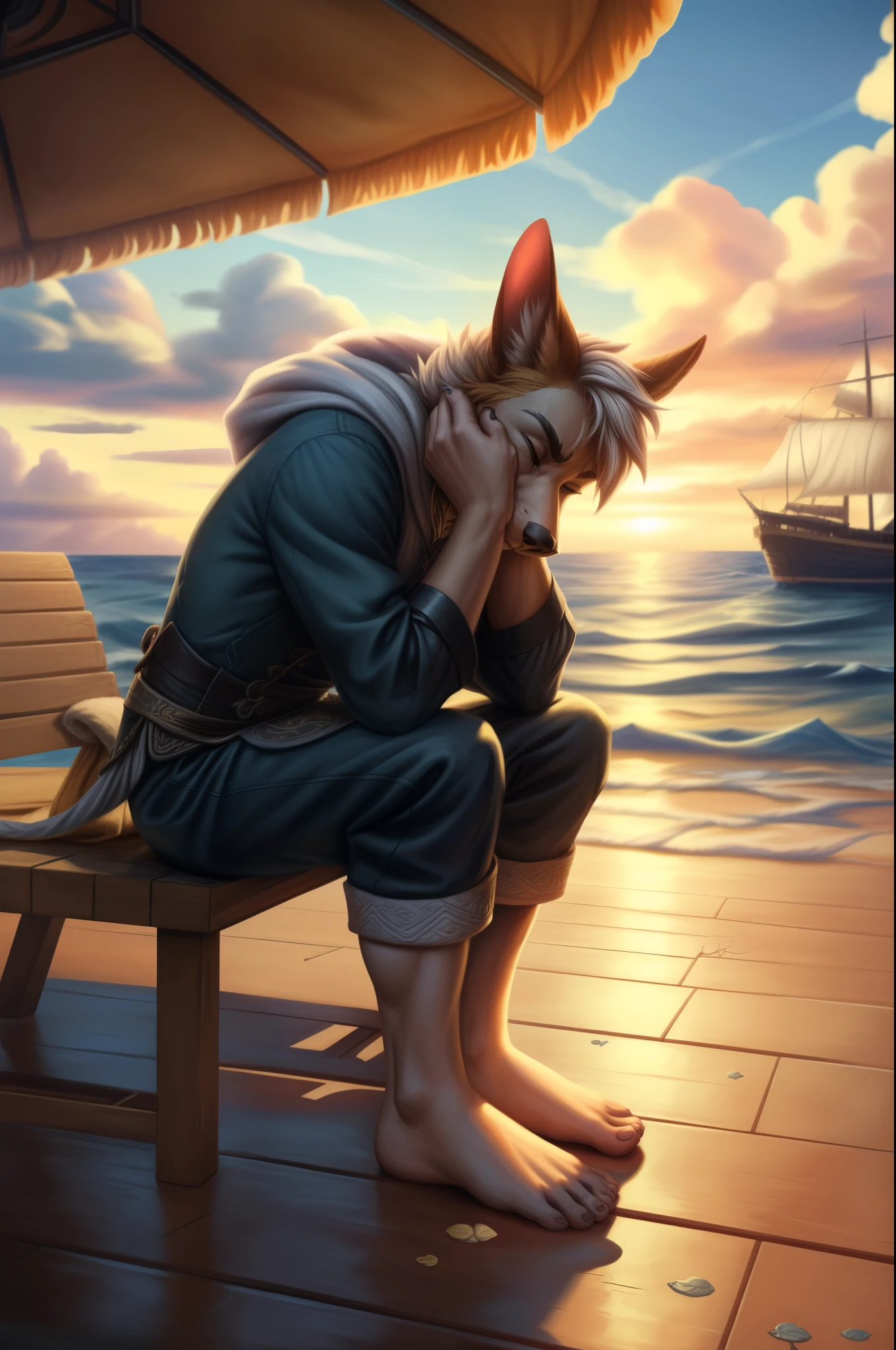 (((Barefoot furry character, full body, cinematic setting, male))) 

Masquerading as a man with a reason.
My charade is the event of the season
and if I claim to be a wise man, well
it surely means that I don't know.

On a stormy sea of moving emotion
tossed about I'm like a ship on the ocean.
I set a course for winds of fortune,
but I hear the voices say:

(Carry on my wayward son.)
(There'll be peace when you are done.)
(Lay your weary head to rest.)
(Don't you cry no more.)

BREAK, detailed background (modern lab), 8K, (masterpiece:1.5), intricate details, highly detailed, extreme detail, octane render, fine art, best quality, highres, (detailed face:1.5), ((full_body)), UHD, (((perfect hands)))