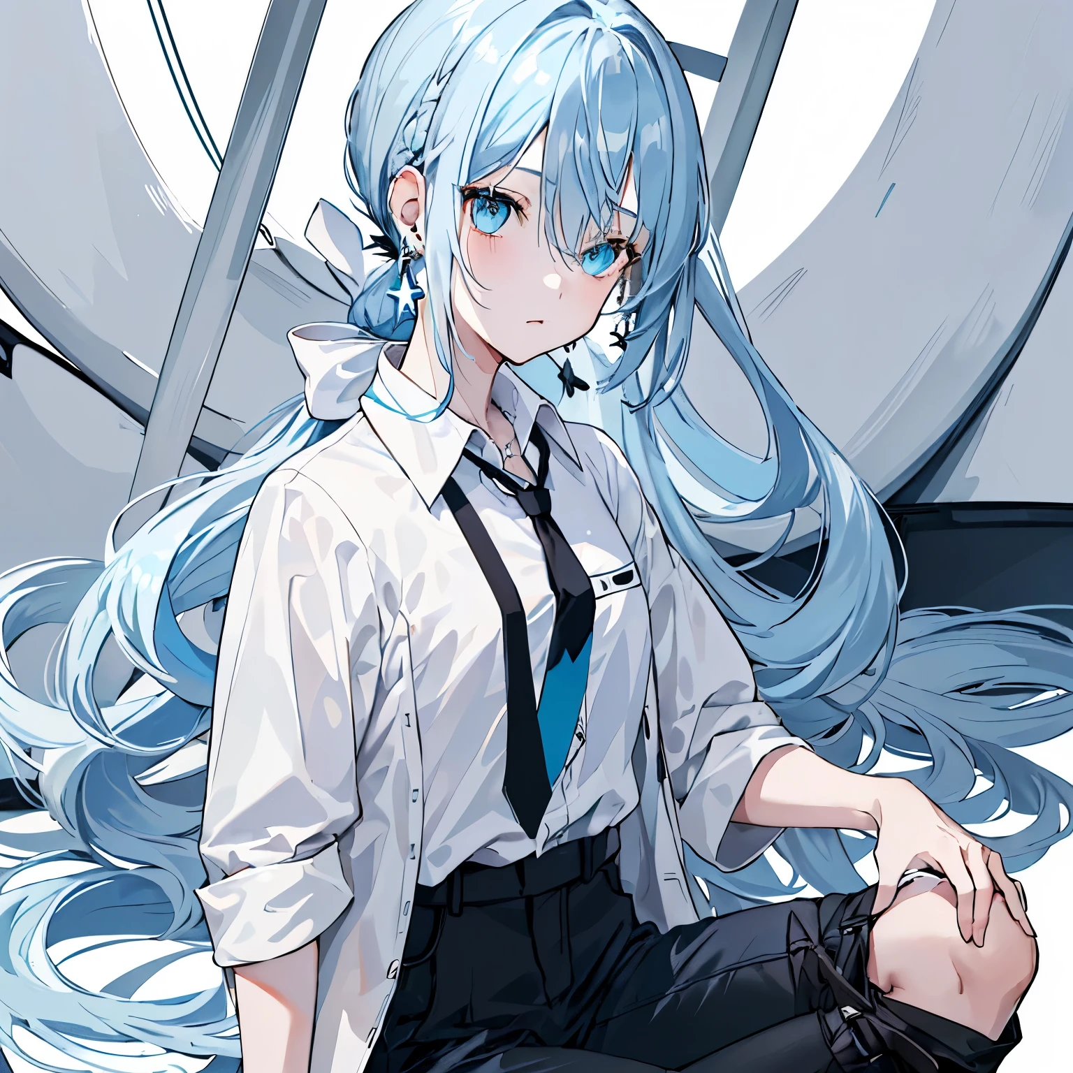 masterpiece, best quality, 1girl,Long hair, light blue hair, light blue eyes, low ponytail,Tie a white bow, sharp eyes, wear a short-sleeved white shirt, knee-length black pants, a black cross-shaped necklace, one earring with a small gray star.
