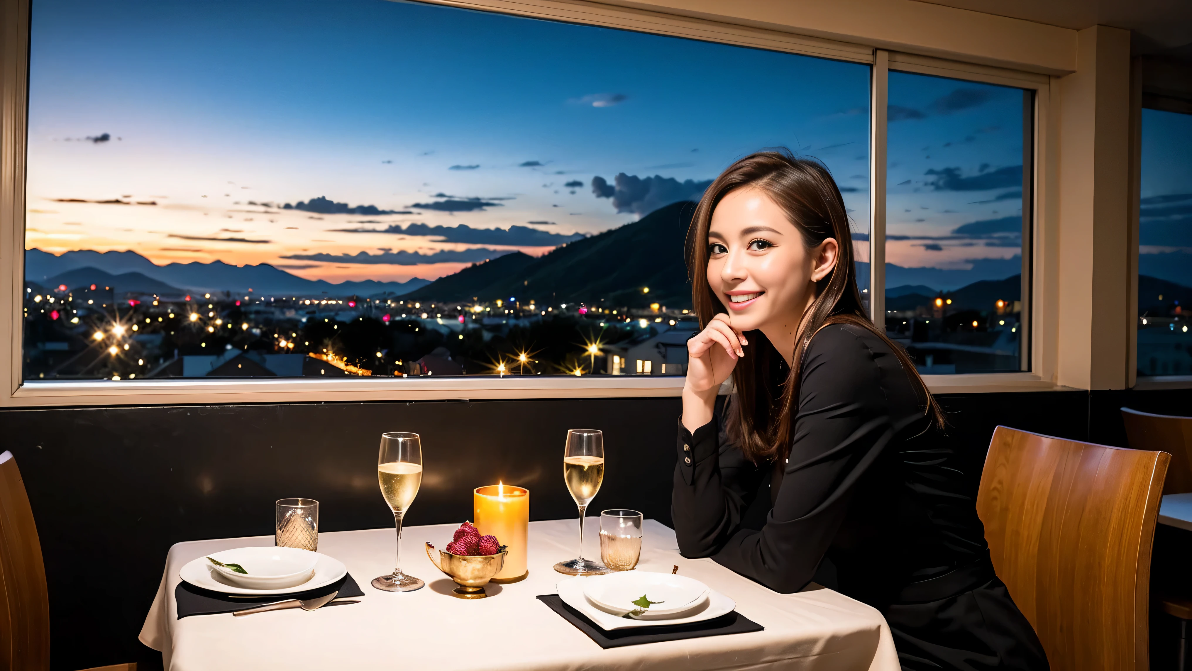K, Hmm, highest quality, masterpiece: 1.2), (realistic, photorealistic: 1.37), Spectacular view of the sunset sky and clouds、Amazing mountain views、A bright smile、3 slim beauties, (slim face),Happy、 the best smile、Fox face、Berry Short、(because I'thin), (brown hair), (shortcut), long sleeve shirt、winter fashion、Japanese、Dutch、German、Portuguese、Belgian、Italian、French,Champagne、sparkling wine、 (squirt), (slim body), (brown hair), (shortcut), neat beauty、cheeks turn a little red, (35 years old), 38 years old, alone, A beautiful and detailed night view spreads out outside the window....., restaurant, wine glass is sitting, At night, in a prominent place (from the Upper body) nova frog style, actress, model, Upper body, White wine, slim, wine glass, Very beautiful night view, wine glass Put in the Middle, Happy smile, (smile: 1.15),