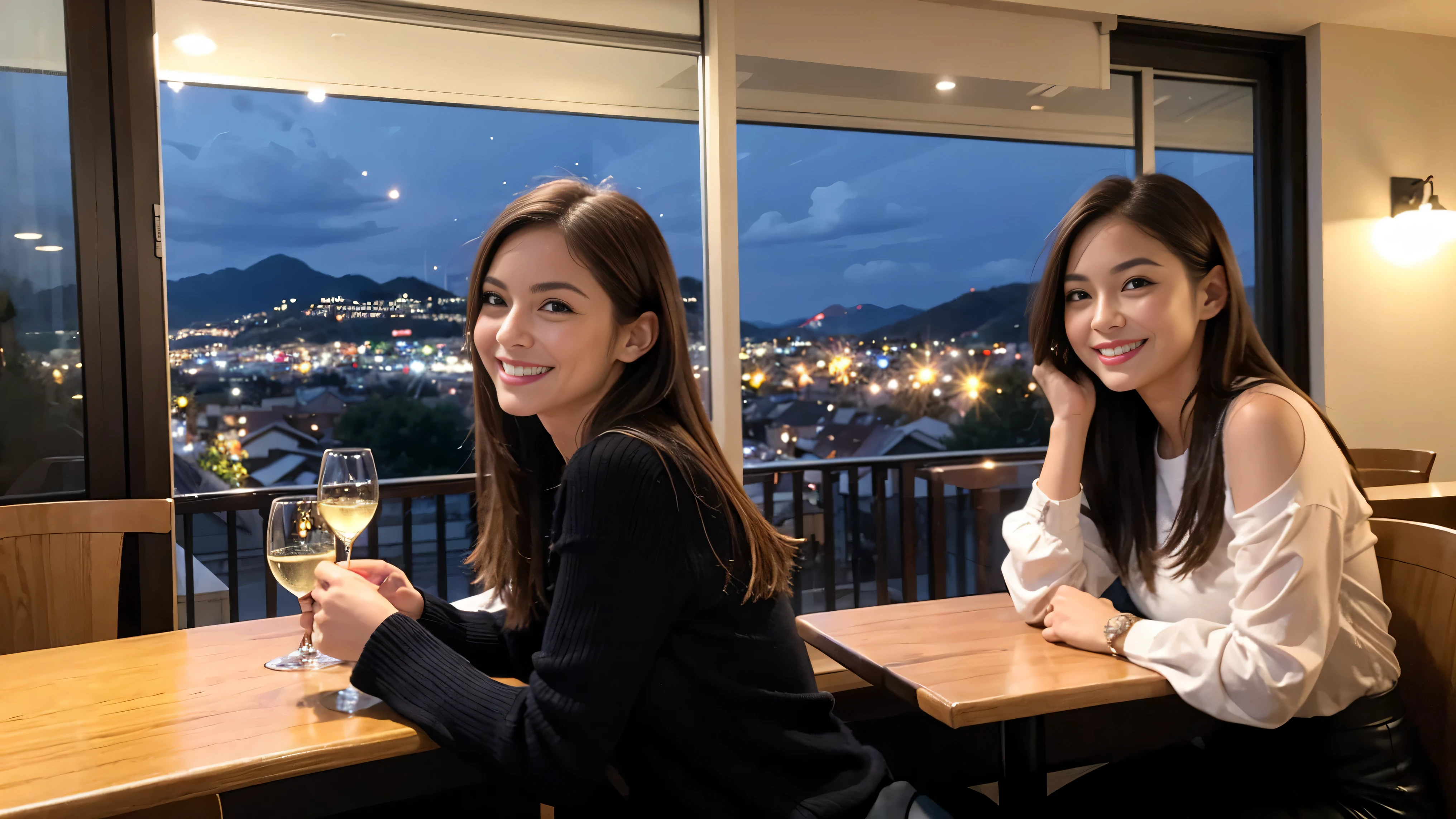 K, Hmm, highest quality, masterpiece: 1.2), (realistic, photorealistic: 1.37), Spectacular view of the sunset sky and clouds、Amazing mountain views、A bright smile、3 slim beauties, (slim face),Happy、 the best smile、Fox face、Berry Short、(because I&#39;thin), (brown hair), (shortcut), long sleeve shirt、winter fashion、Japanese、Dutch、German、Portuguese、Belgian、Italian、French,Champagne、sparkling wine、 (squirt), (slim body), (brown hair), (shortcut), neat beauty、cheeks turn a little red, (35 years old), 38 years old, alone, A beautiful and detailed night view spreads out outside the window....., restaurant, wine glass is sitting, At night, in a prominent place (from the Upper body) nova frog style, actress, model, Upper body, White wine, slim, wine glass, Very beautiful night view, wine glass Put in the Middle, Happy smile, (smile: 1.15), 