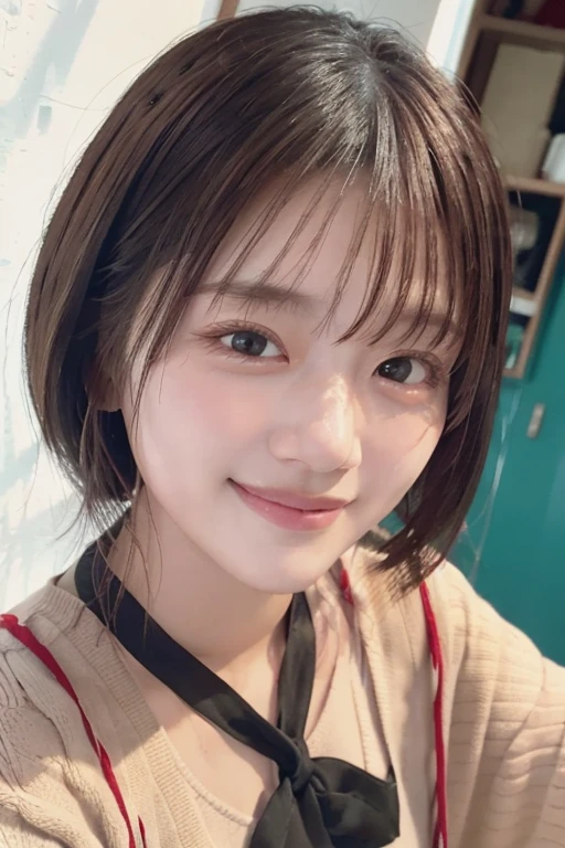 Highest image quality,live-action,front,Beautiful face at 24 years old,woman,Super close-up of just the face,smile,looking at the camera,short hair