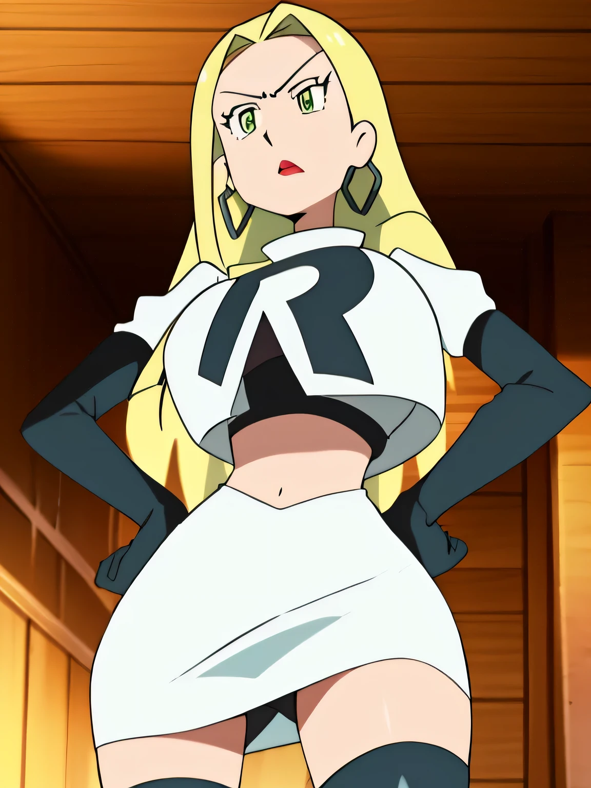 8k, masterpiece,highres,very large breast, team rocket uniform, red letter r, white skirt,white crop top,black thigh-high boots, black elbow gloves, glaring angrily, looking down at viewer, hands on hips, cowboy shot, zettai ryouiki,from below, black panties,anime style, vivid colors, sharp focus, intense lighting,masterpiece, best quality, highres,oleana, long hair, sidelocks, choker, lipstick, hoop earrings