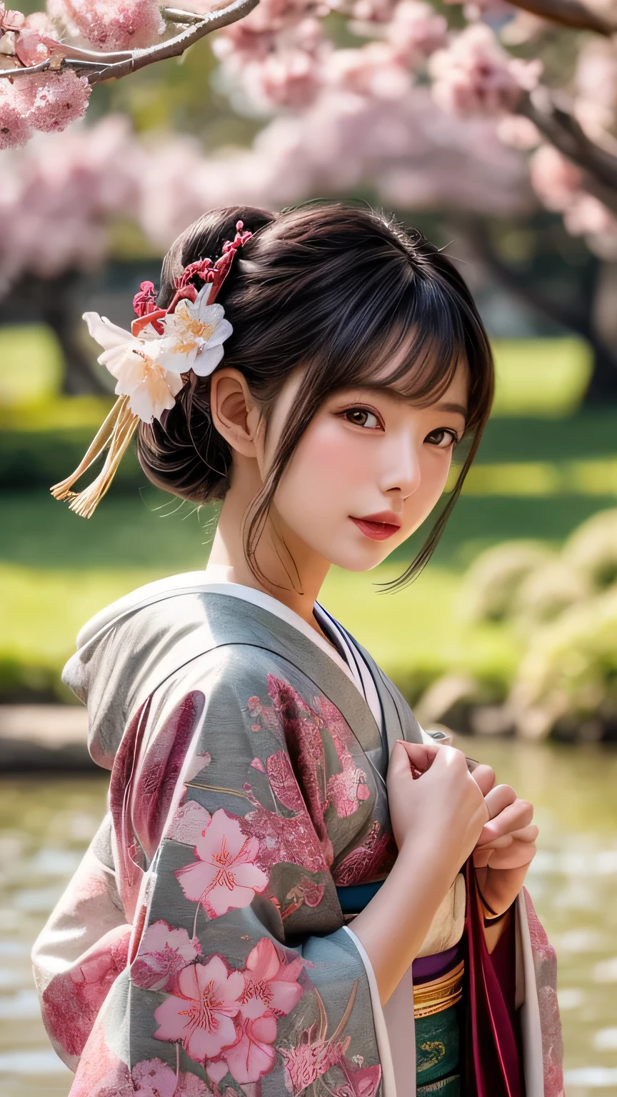 ff7 aerith, futuristic scene, Mechanically enhanced Japanese geisha、Elegant in an elaborate garden. She has beautifully detailed eyes and lips that complement her face. Geishas wear traditional kimonos with intricate patterns and designs.。.。.。.Gold and silver kimono。.。14 year old girl.. Around her are bright cherry blossoms and a quiet carp pond. The scenes are drawn using a combination of illustration and photorealism, cherry blossoms吹雪,Highly detailed brush strokes and sharpness, bright colors. Lighting that highlights the graceful figure of a geisha, gives softness to the skin, porcelain shine。. Artwork is of the highest quality, Displaying the exquisite details of geisha costumes, cherry blossoms, With sparkling carp scales. The overall color scheme is、、、、、、traditional Japanese color combinations, crimson, wait., With subtle gold accents, with a futuristic twist. Fusion of ancient tradition and modern technology、、Create mesmerizing and visually impressive masterpieces.The background is a traditional Japanese design in bright red and white.、random pose、I'laughter、Kimono with delicate pattern、stop pose