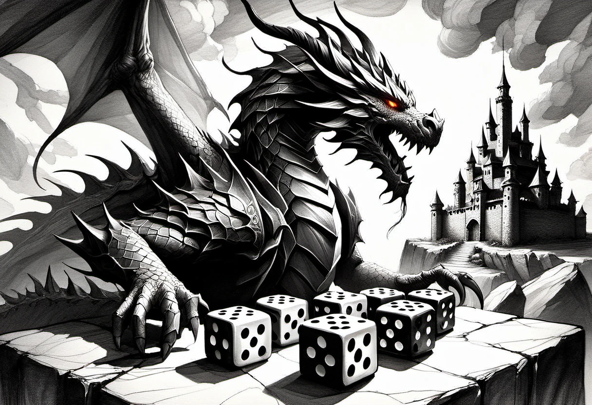 Ink sketch capturing a dragon perched upon a castle, hexagonal and octagonal game dice scattered in the foreground, designed with triadic color scheme, double exposure effect paired with dynamic composition, capturing the style reminiscent of Todd Lockwood, enhanced with the hyper-detailed essence of Miki Asai's macro photography, adding sharp focus, studio lighting, intricate details, trending on ArtStation inspiration, and finalized with Xue Wang