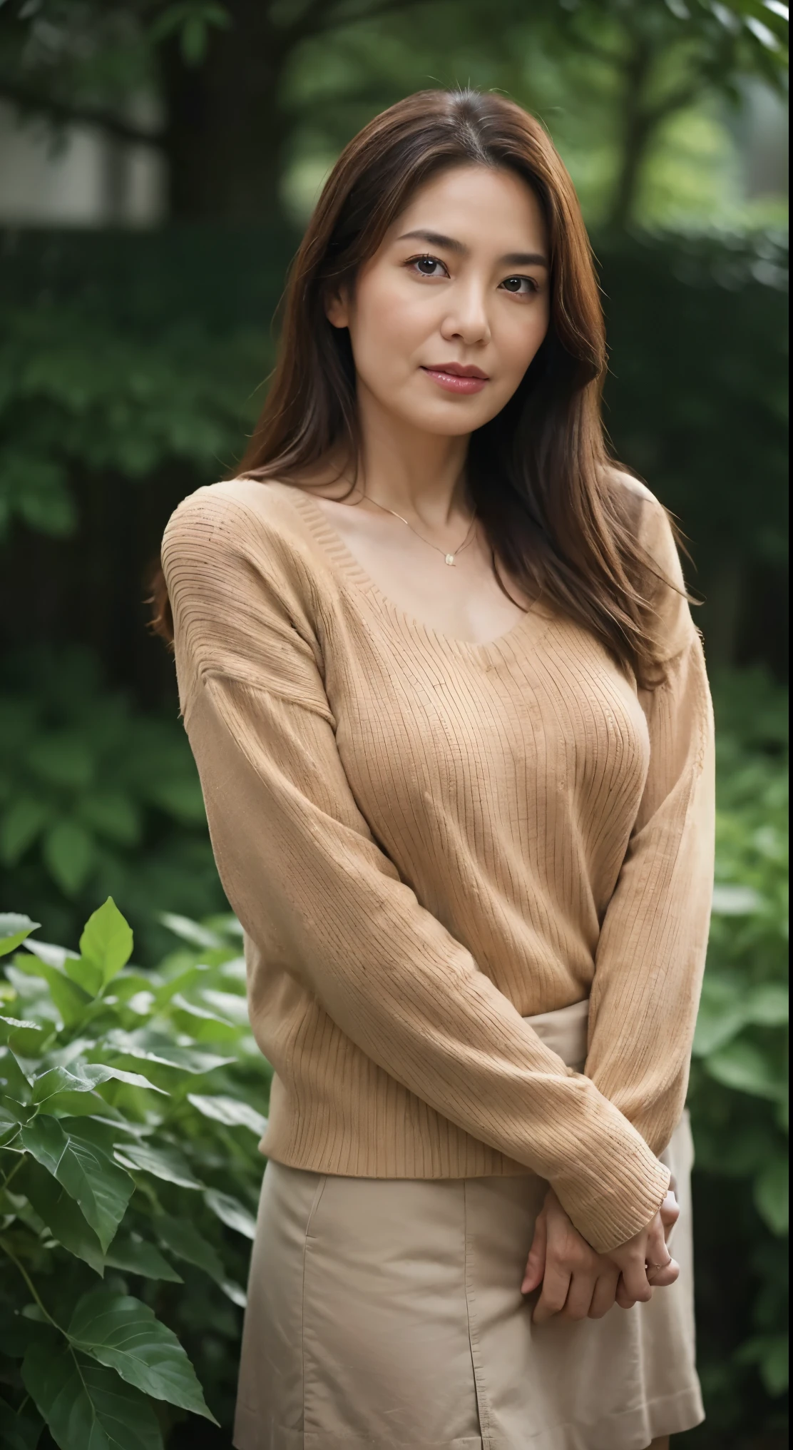 stand up straight, Aim towards the center of the screen, Shut up and think seriously(Serious), look straight in the face., Mature 50-year-old Japanese woman of average body type., On a rainy garden background, Leaving the garden out of focus on a rainy day., anatomically correct, With slightly bigger breasts and a nice body., Light brown straight hair that reaches her shoulders and a sweater, wearing a skirt, Please describe your skin texture or texture in detail.., Includes facial wrinkle details.. also, I'm forgetting that I loved you in a cowboy shot style. Please take a picture of me thinking quietly....