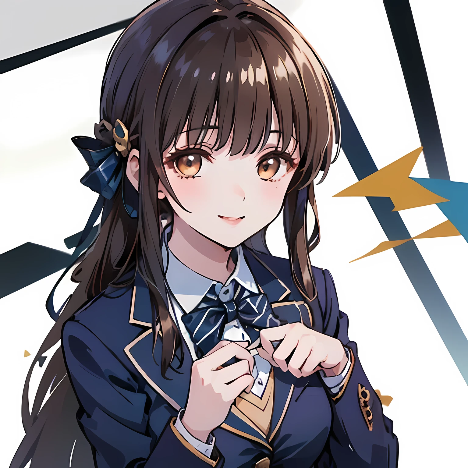 highest quality, (masterpiece:1.2), High resolution, perfect pixel, One so beautiful woman is standing, 16 years old, (((big very detailed beautiful dark brown eyes))), ((girly large wine-red glossy polyester Japanese school ribbon bow tie)), (((very beautiful straight long hair))), ((((dark blue & deep navy colored tartan checkered formal skirt)))), ((A formal dark blue blazer that is slightly larger and has a gold emblem on the left chest that feels like the texture of the cloth.)), ((Looking up at the viewer and smiling)), Very fun, Very happy, mouth is open, the skirt is so cute, detailed fingers, modest chest, curled bangs, ((Lip balm)), so beautiful, long eyelashes, ((Skirt and bow tie is photo realistic)), ((a very shy girl)), Appeal to viewers, big girly hair ribbons, ((Impressive and very beautiful eyes)), (((shot from above))), double eyelids, The entire skirt is photographed, ((((upward glance)))), The goddesses are supporting this girl's love life.