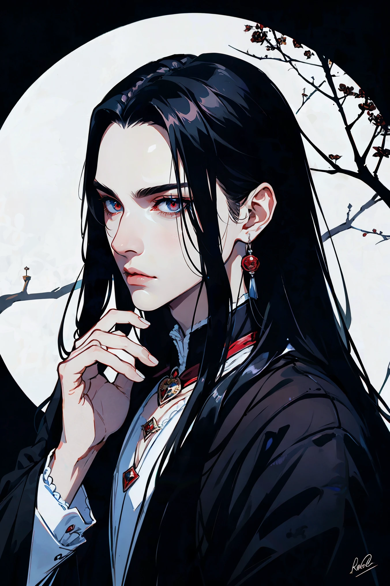 obra maestra, of the highest quality, cara perfecta, alto detalle, Vlad Tepes, a gorgeous and hot vampire man(Dracula), con pelo negro largo y suave, ojos rojos, labios hinchados, posando contra una ventana barroca adornada, wearing a dark fancy gothic costume, (((solo))), Detailed rose garden background, realista, ombligo cubierto, cinematic lighting