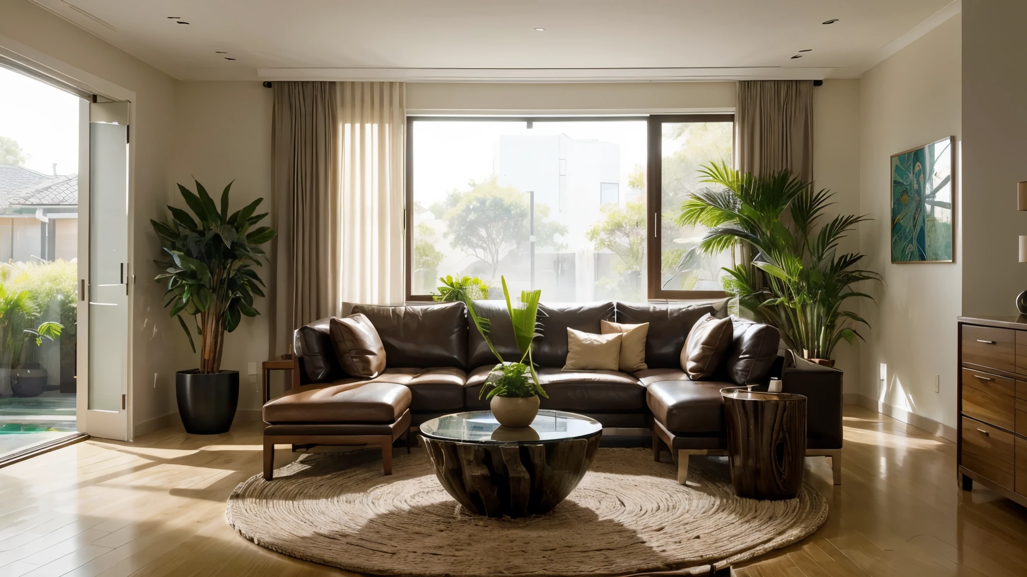 Generate an image depicting the harmonious integration of Feng Shui principles in a modern home or workplace setting. Show a well-lit room with strategically arranged furniture to promote positive energy flow. Incorporate natural elements such as plants or flowing water features to enhance vitality and balance. Emphasize the connection between the environment and human well-being, portraying individuals in the space experiencing a sense of peace and tranquility. Ensure the image reflects the transformative power of Feng Shui in fostering health, happiness, and holistic well-being.