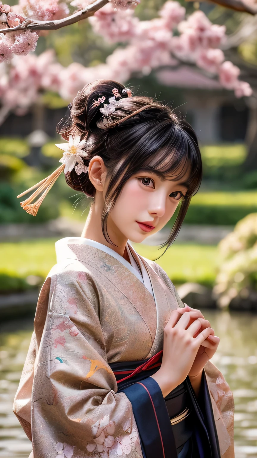 Dragon Ball　bloomers, futuristic scene, Mechanically enhanced Japanese geisha、Elegant in an elaborate garden. She has beautifully detailed eyes and lips that complement her face. Geishas wear traditional kimonos with intricate patterns and designs.。.。.。.Gold and silver kimono。.。14 year old girl.. Around her are bright cherry blossoms and a quiet carp pond. The scenes are drawn using a combination of illustration and photorealism, cherry blossoms吹雪,Highly detailed brush strokes and sharpness, bright colors. Lighting that highlights the graceful figure of a geisha, gives softness to the skin, porcelain shine。. Artwork is of the highest quality, Displaying the exquisite details of geisha costumes, cherry blossoms, With sparkling carp scales. The overall color scheme is、、、、、、traditional Japanese color combinations, crimson, wait., With subtle gold accents, with a futuristic twist. Fusion of ancient tradition and modern technology、、Create mesmerizing and visually impressive masterpieces.The background is a traditional Japanese design in bright red and white.、random pose、I&#39;laughter、Kimono with delicate pattern、stop pose