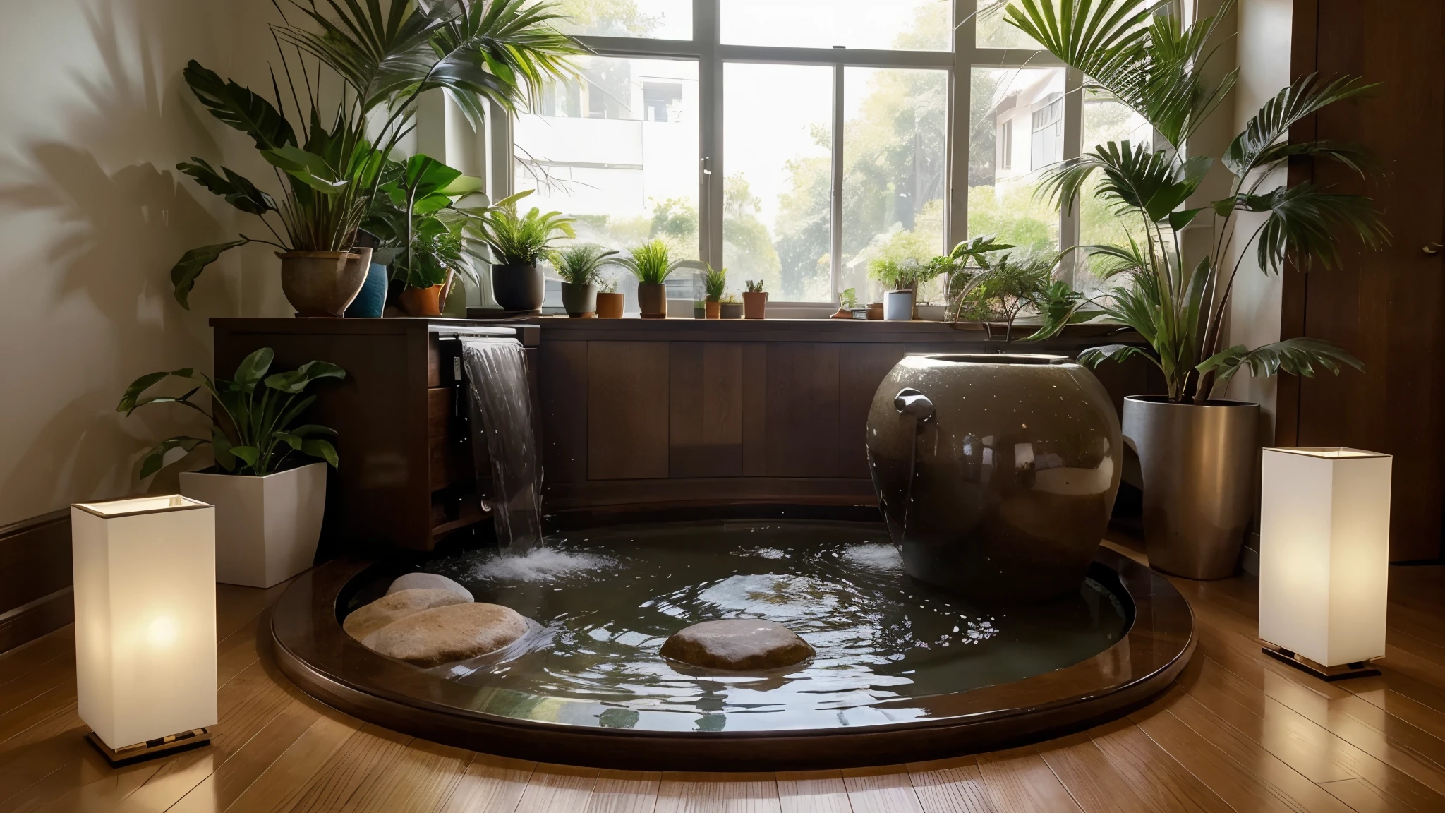 Generate an image depicting the harmonious integration of Feng Shui principles in a modern home or workplace setting. Show a well-lit room with strategically arranged furniture to promote positive energy flow. Incorporate natural elements such as plants or flowing water features to enhance vitality and balance. Emphasize the connection between the environment and human well-being, portraying individuals in the space experiencing a sense of peace and tranquility. Ensure the image reflects the transformative power of Feng Shui in fostering health, happiness, and holistic well-being.