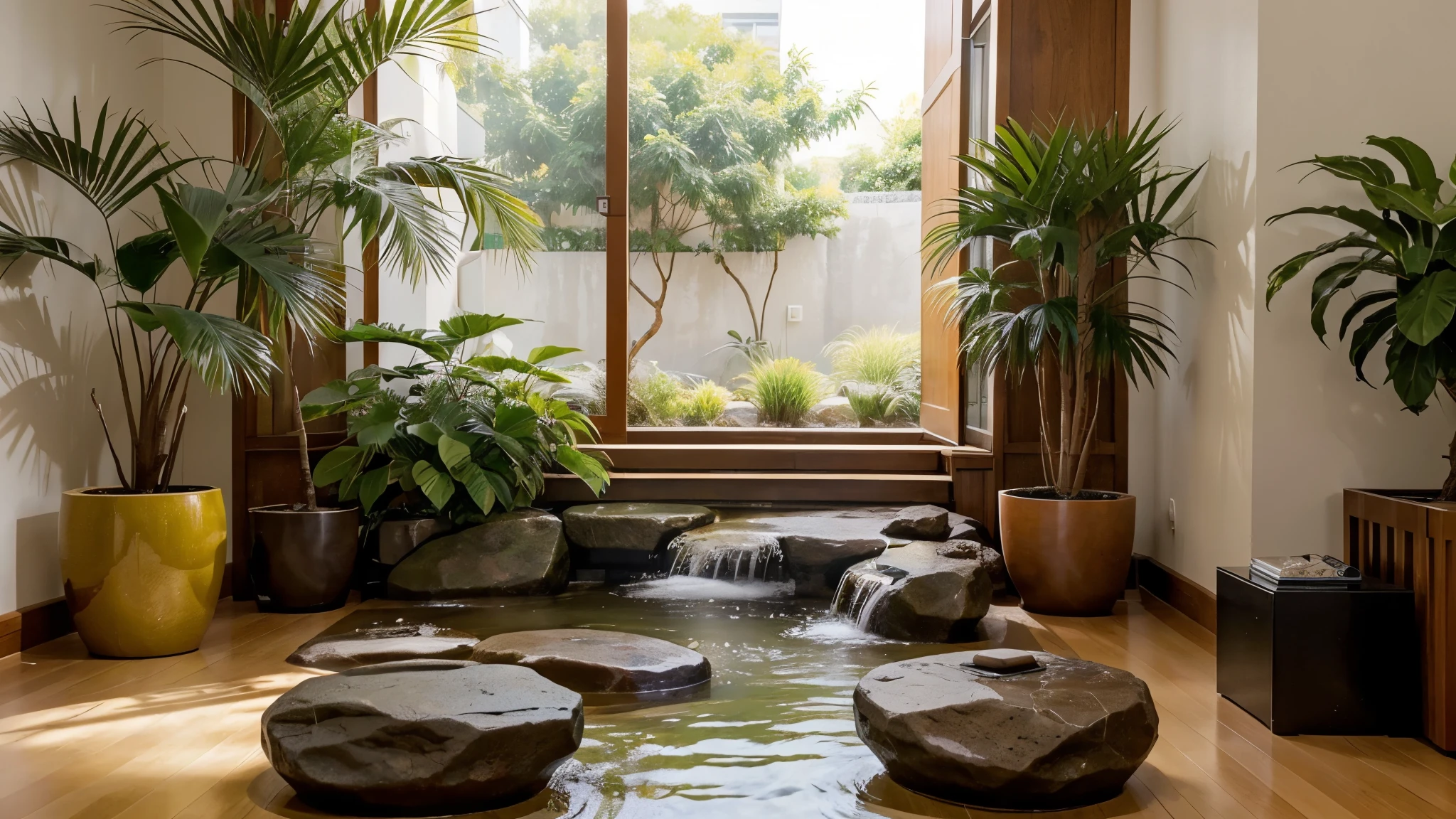 Generate an image depicting the harmonious integration of Feng Shui principles in a modern home or workplace setting. Show a well-lit room with strategically arranged furniture to promote positive energy flow. Incorporate natural elements such as plants or flowing water features to enhance vitality and balance. Emphasize the connection between the environment and human well-being, portraying individuals in the space experiencing a sense of peace and tranquility. Ensure the image reflects the transformative power of Feng Shui in fostering health, happiness, and holistic well-being.