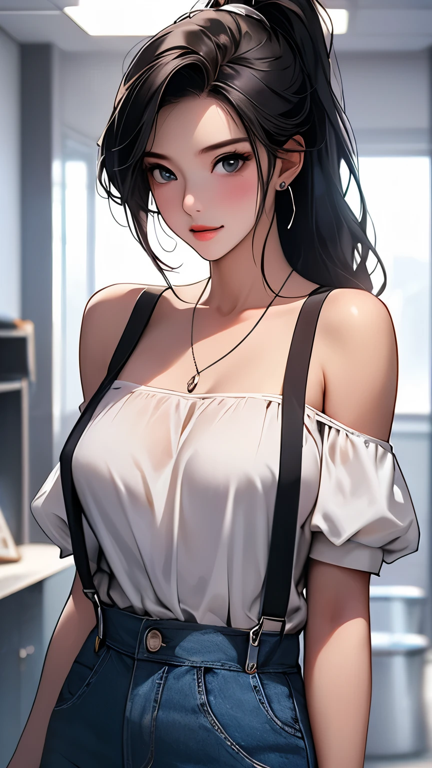 8K quality、quality、super high image quality、Super detailed、Super realistic hair texture、beautiful women in bright colors、long and beautiful hair、shiny heine hair mesh、ponytail、blue eyes、Glossy, glowing skin、(((wearing only suspenders)))、Very huge big、off shoulder、laughter、soft pink lips、ultra-realistic sensuality、cheeks turn red、cherry blossoms are blooming