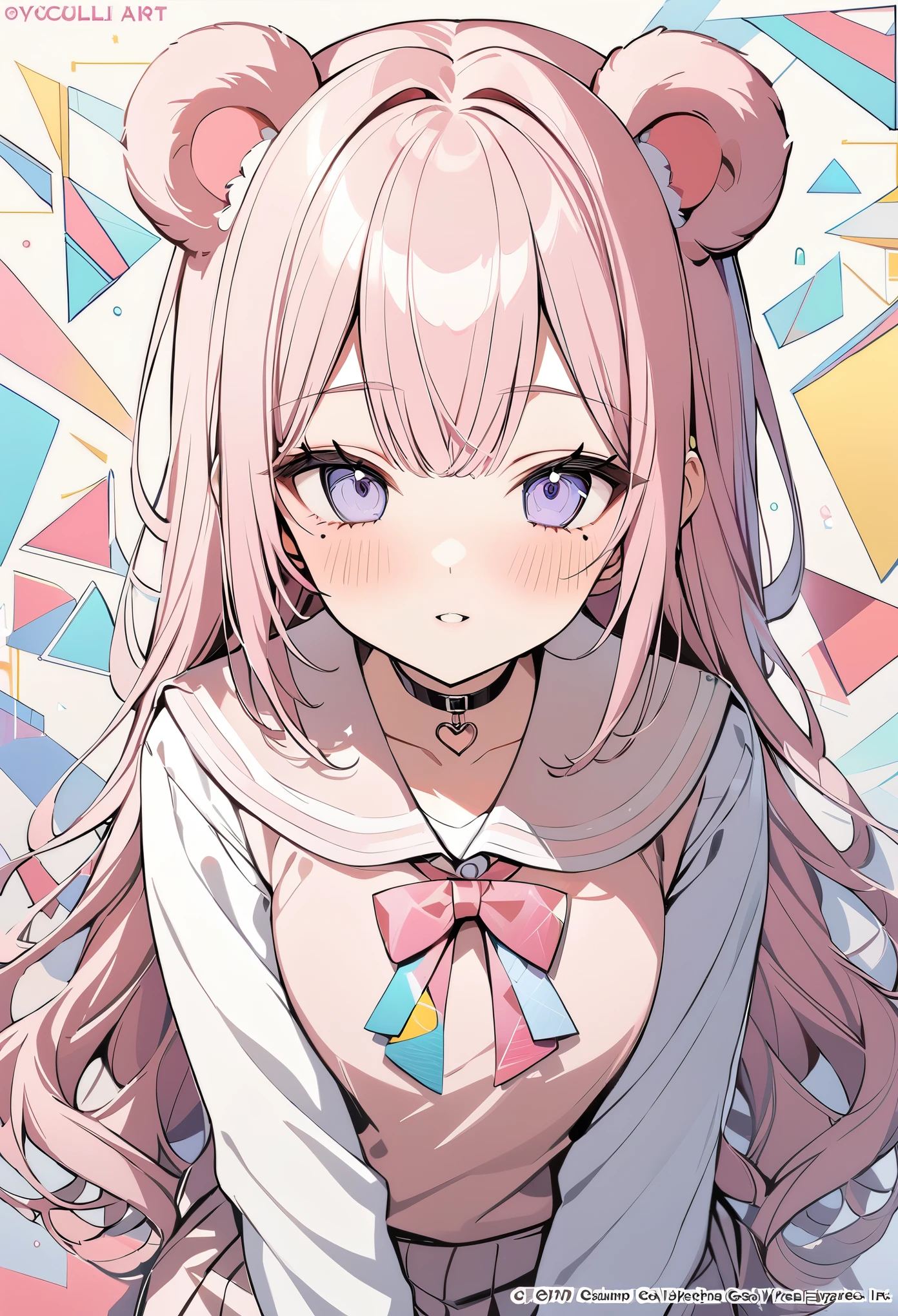 ,beautiful flower々),mole under eye, heart shaped choker, (masterpiece, highest quality), official art, beautiful and aesthetic: 1.2), (1 girl), very detailed, (geometry art: 1.3), colorful、pink bob hair、bear ears、 college uniform、whole body