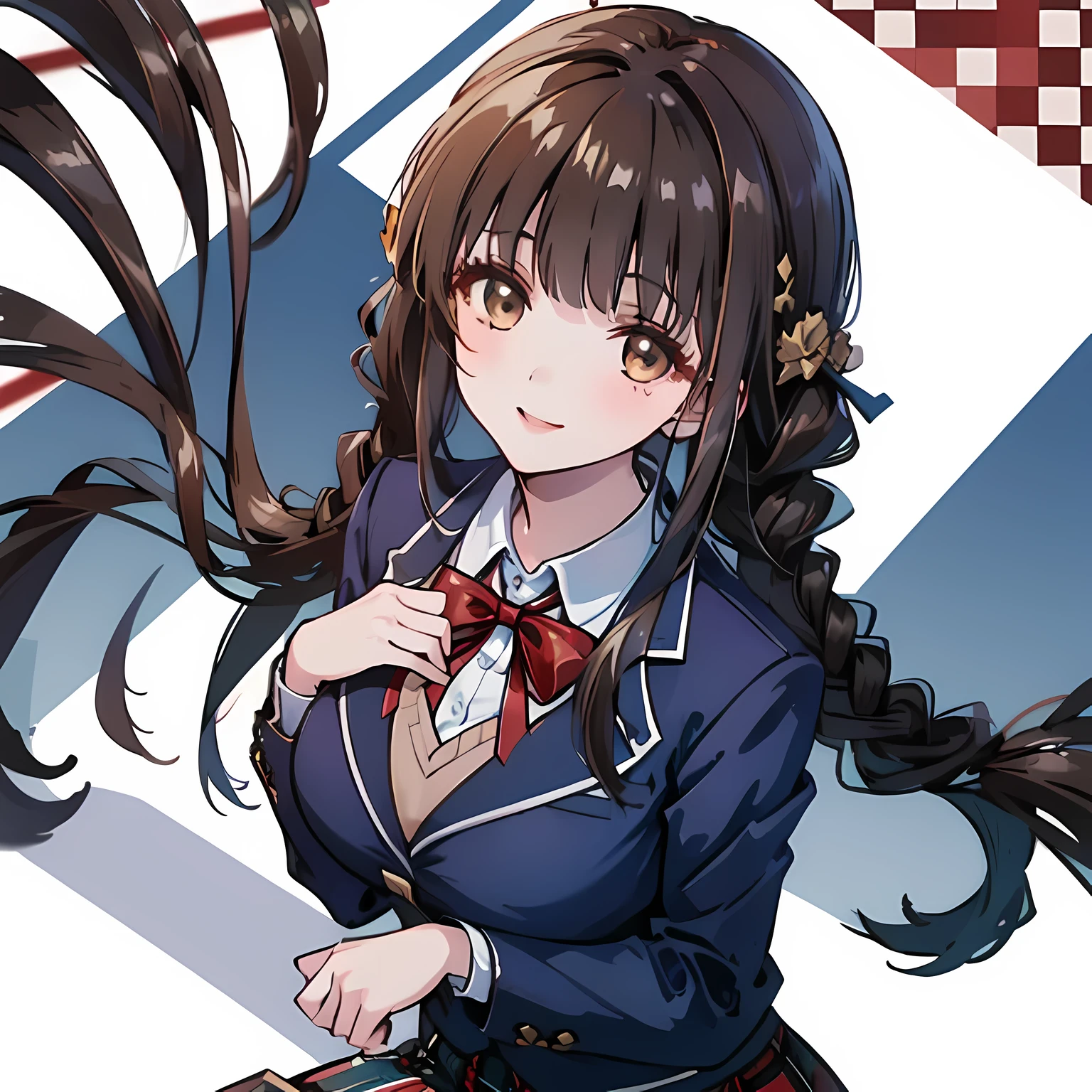 highest quality, (masterpiece:1.2), High resolution, perfect pixel, One so beautiful woman is standing, 16 years old, (((big very detailed beautiful dark brown eyes))), ((girly large wine-red glossy polyester Japanese school ribbon bow tie)), ((((very beautiful straight long hair)))), ((((dark blue & deep navy colored tartan checkered formal skirt)))), ((A formal dark blue blazer that is slightly larger and has a gold emblem on the left chest that feels like the texture of the cloth.)), ((Looking up at the viewer and smiling)), Very fun, Very happy, mouth is open, the skirt is so cute, detailed fingers, modest chest, curled bangs, ((Lip balm)), so beautiful, long eyelashes, ((Skirt and bow tie is photo realistic)), Appeal to viewers, ((very big girly hair ribbons)), ((Impressive and very beautiful eyes)), (((shot from above))), double eyelids, The entire skirt is photographed, ((((upward glance))))
