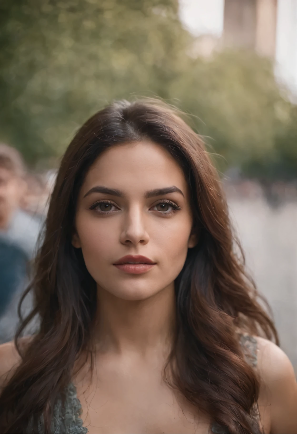hispanic, long, flowing hair locks eyes in camera, Realistic, Film about suspense in the shadows, in a bustling city, cinematography, Photographie prise avec Arri, Photographie prise avec Canon, Photographie prise avec Fuji, Photographie prise avec Kodak, incredibly high detailed, re sharpness, specifics, professional lighting, film lighting, 35 mm, anamorphique, Lightroom, Film tography., ArtStation, 32k photography