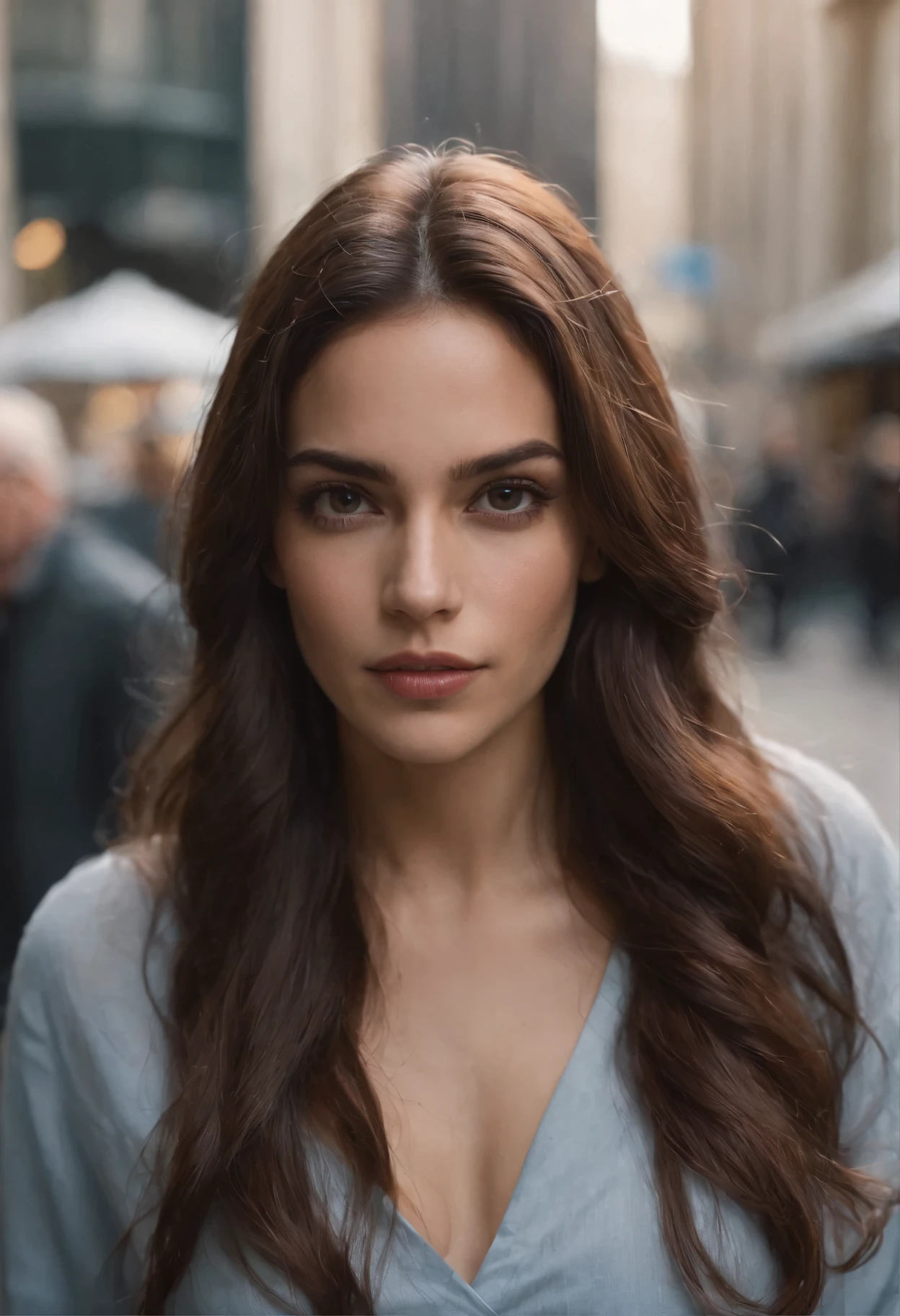 hispanic, long, flowing hair locks eyes in camera, Realistic, Film about suspense in the shadows, in a bustling city, cinematography, Photographie prise avec Arri, Photographie prise avec Canon, Photographie prise avec Fuji, Photographie prise avec Kodak, incredibly high detailed, re sharpness, specifics, professional lighting, film lighting, 35 mm, anamorphique, Lightroom, Film tography., ArtStation, 32k photography