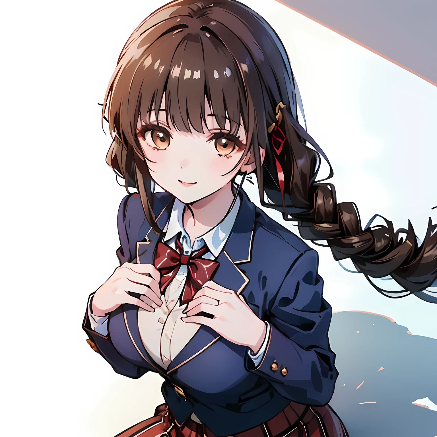 highest quality, (masterpiece:1.2), High resolution, perfect pixel, One so beautiful woman is standing, , (((big very detailed beautiful dark brown eyes))), ((girly large wine-red glossy polyester Japanese school ribbon bow tie)), ((((very beautiful straight long hair)))), ((((dark blue & deep navy colored tartan checkered formal skirt)))), ((A formal dark blue blazer that is slightly larger and has a gold emblem on the left chest that feels like the texture of the cloth.)), ((Looking up at the viewer and smiling)), Very fun, Very happy, mouth is open, the skirt is so cute, detailed fingers, modest chest, curled bangs, ((Lip balm)), so beautiful, long eyelashes, ((Skirt and bow tie is photo realistic)), Appeal to viewers, ((very big girly hair ribbons)), ((Impressive and very beautiful eyes)), (((shot from above))), double eyelids, The entire skirt is photographed, ((((upward glance))))