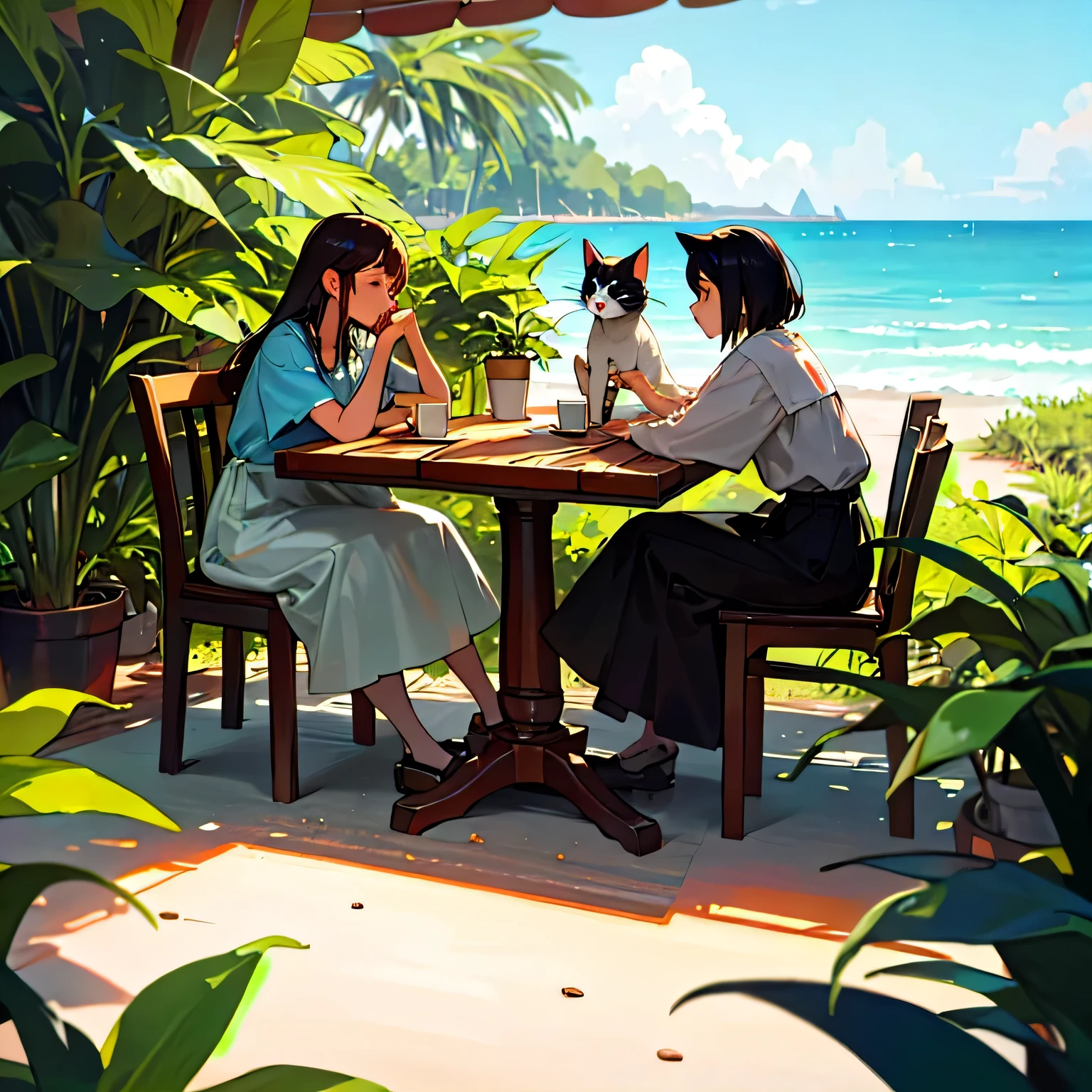 genuine, delicate, In coffee, Cat, plant, table, Ocean, Two girls drinking coffee