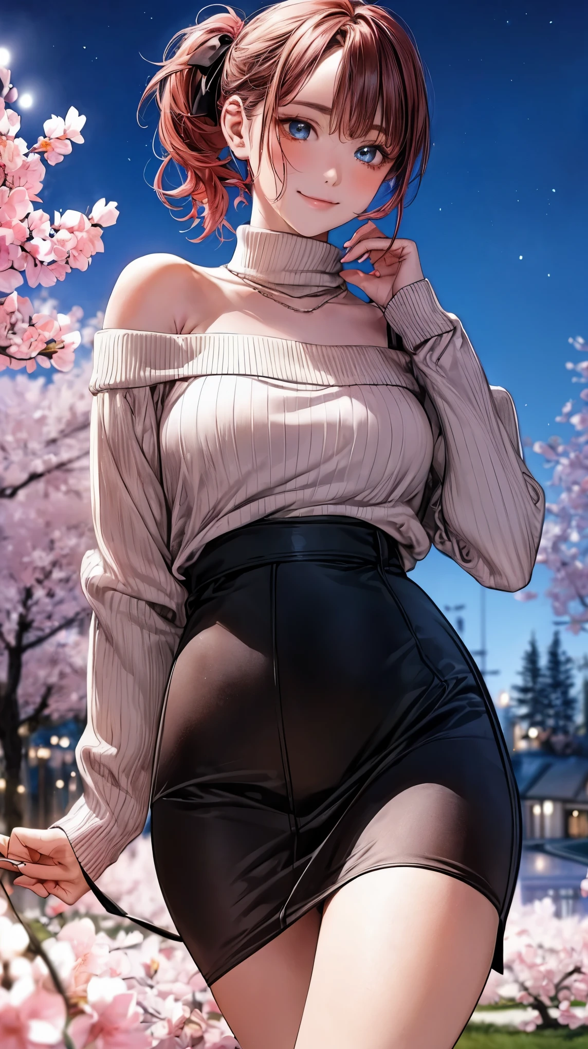 (masterpiece:1.2, highest quality), (realistic, photorealistic:1.4), beautiful illustrations, (natural side lighting, movie lighting), look away, (from below), 1 girl, Japanese, 24-year-old, perfect face, perfect body, Cute symmetrical face, shiny skin, , small, (short hair:1.5, (low ponytail):1.6, long sideburns, light brown hair), asymmetrical bangs, dark blue eyes, Big eyes, droopy eyes, (large breasts:0.4, seductive thighs, wide hips,narrow waist), beautiful hair, beautiful face, detailed and beautiful eyes, beautiful clavicle, beautiful body, beautiful breasts, beautiful thighs, beautiful feet, beautiful fingers, (Off-the-shoulder light pink sweater), Sleeveless Black Turtleneck Sweater,( brown long skirt), (pink hair ribbon), (beautiful scenery), (night:1.5),(light up:1.5), Cherry blossom trees,( walk), (put your hands in your hair), (Smile, open your mouth), far and near method,moon,