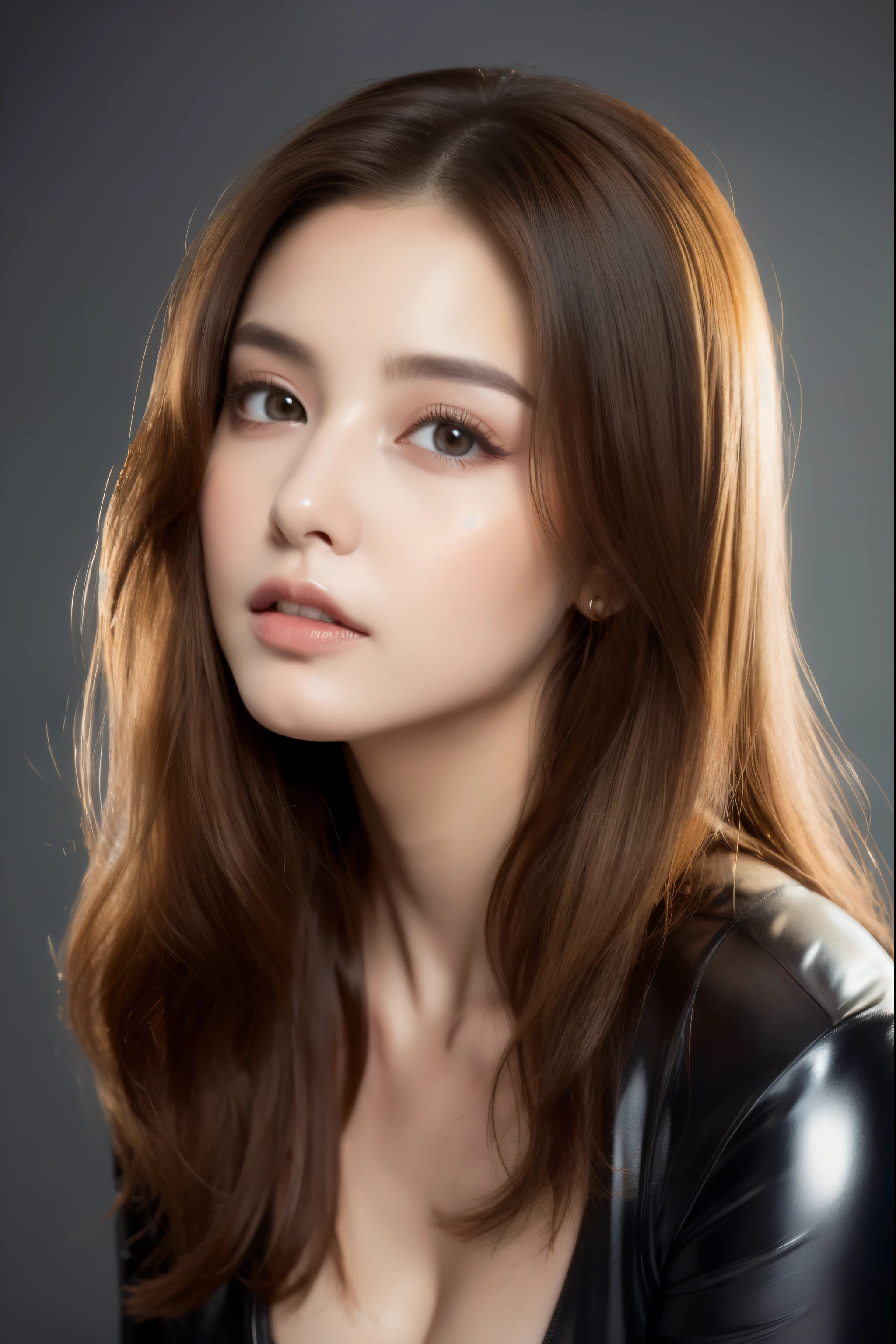 (8K, original photo, highest quality, masterpiece: 1.45), (actual, lively: 1.37),1 beautiful girl、 (reality: 1.4), Japanese、asian beauty、super beautiful、beautiful skin、thin、(upper body)、(super reality)、(High resolution)、(very detailed)、(Super detailed)、big eyes、brown eyes、long eyelashes、detailed face、gloss lip,bright lighting、professional lighting、looking at the camera、serious expression、look straight ahead、long hair、brown hair、Hotel、Nogizaka Idol、actress、20-year-old、big breasts、big breasts、wet skin、silver latex suit、cleavage cutout、baby face、Moisturized and realistic skin texture、moist lips、natural shadows、(arms up),nsfw,