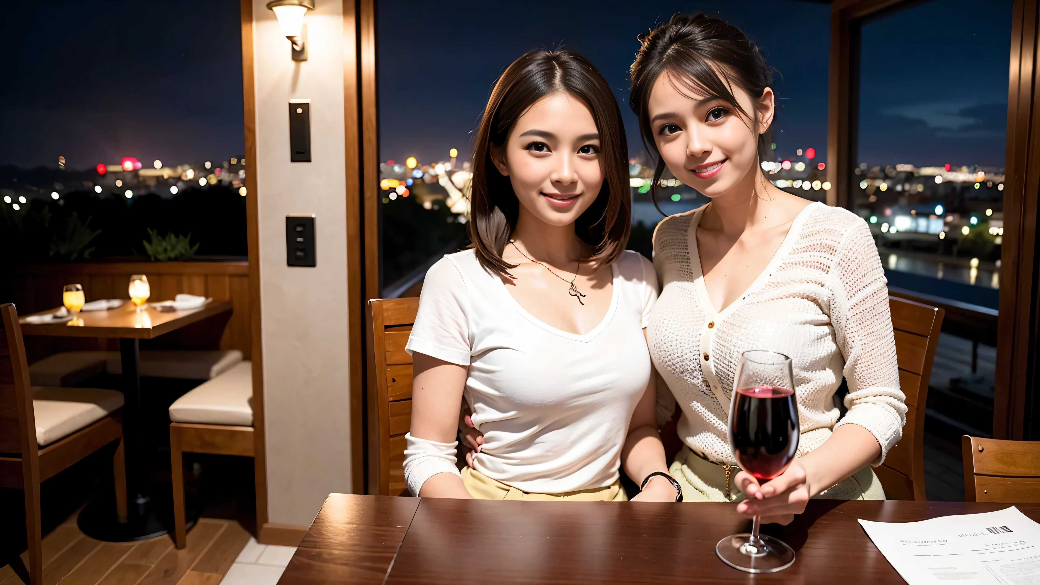 K, UHD, highest quality, masterpiece: 1.2), (realistic, photorealistic: 1.37), Spectacular view of the sunset sky and clouds、Amazing mountain views、A bright smile、3 slim beauties, (slim face),Happy、 the best smile、Fox face、Berry Short、(because I'thin), (brown hair), (shortcut), long sleeve shirt、winter fashion、Japanese、Dutch、German、Portuguese、Belgian、Italian、French,Champagne、sparkling wine、 (squirt), (slim body), (brown hair), (shortcut), neat beauty、cheeks turn a little red, (42 years old), 38 years old, alone, A beautiful and detailed night view spreads out outside the window....., restaurant, wine glass is sitting, At night, in a prominent place (from the Upper body) nova frog style, actress, model, Upper body, White wine, slim, wine glass, Very beautiful night view, wine glass Put in the Middle, Happy smile, (smile: 1.15),