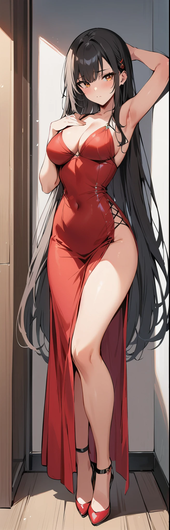 (masterpiece, best quality:1.2), 1 girl, alone,permanent_,
Mandarin oranges, long hair,Black无袖短背心,pink skirt,Black