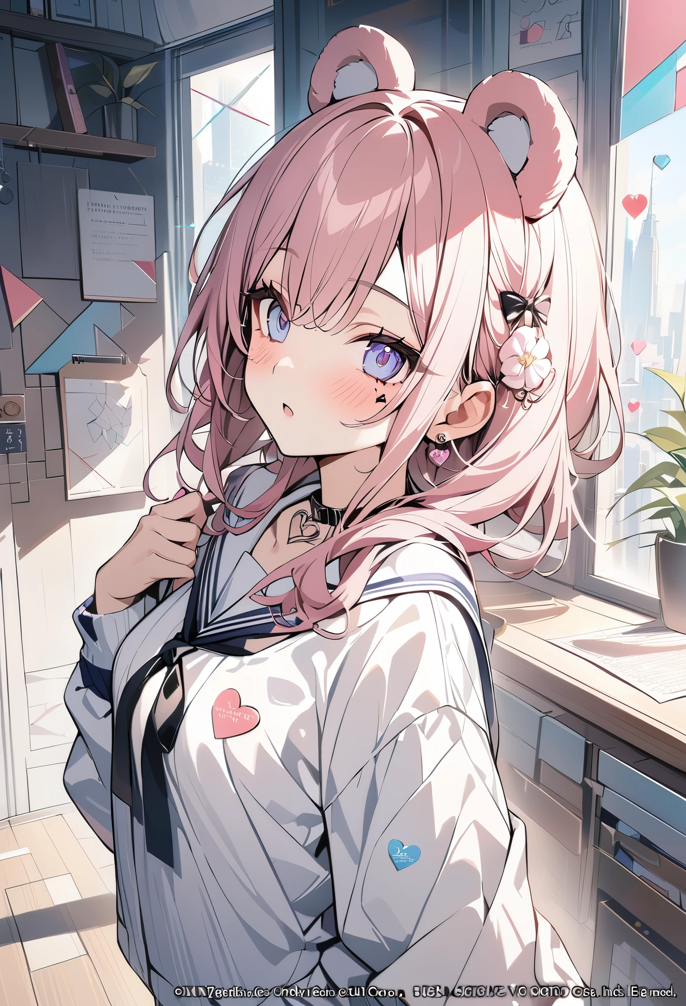 ,beautiful flower々),mole under eye, heart shaped choker, (masterpiece, highest quality), official art, beautiful and aesthetic: 1.2), (1 girl), very detailed, (geometry art: 1.3), colorful、pink bob hair、bear ears、 college uniform、whole body