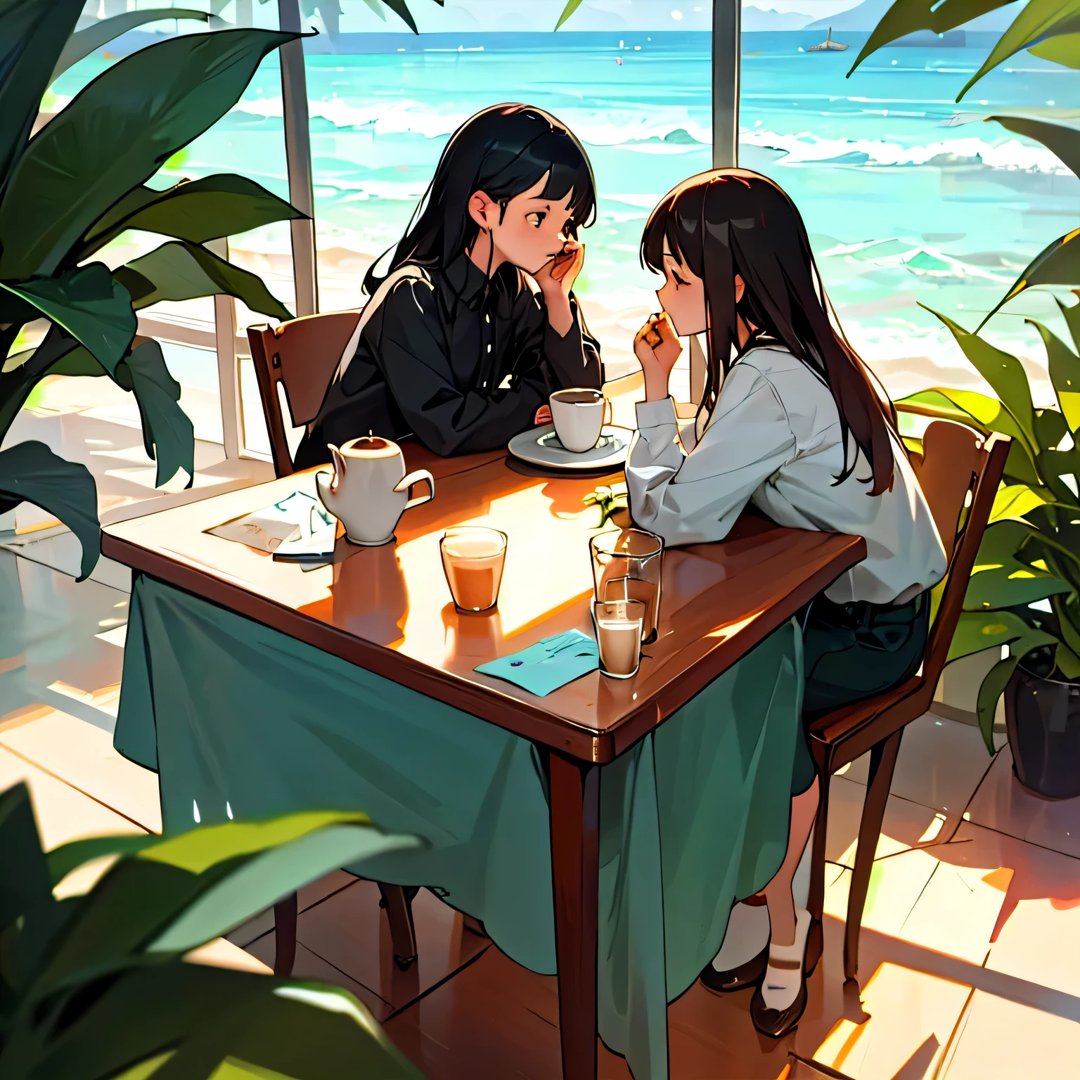 genuine, delicate, In coffee, Cat, plant, table, Ocean, Two girls drinking coffee