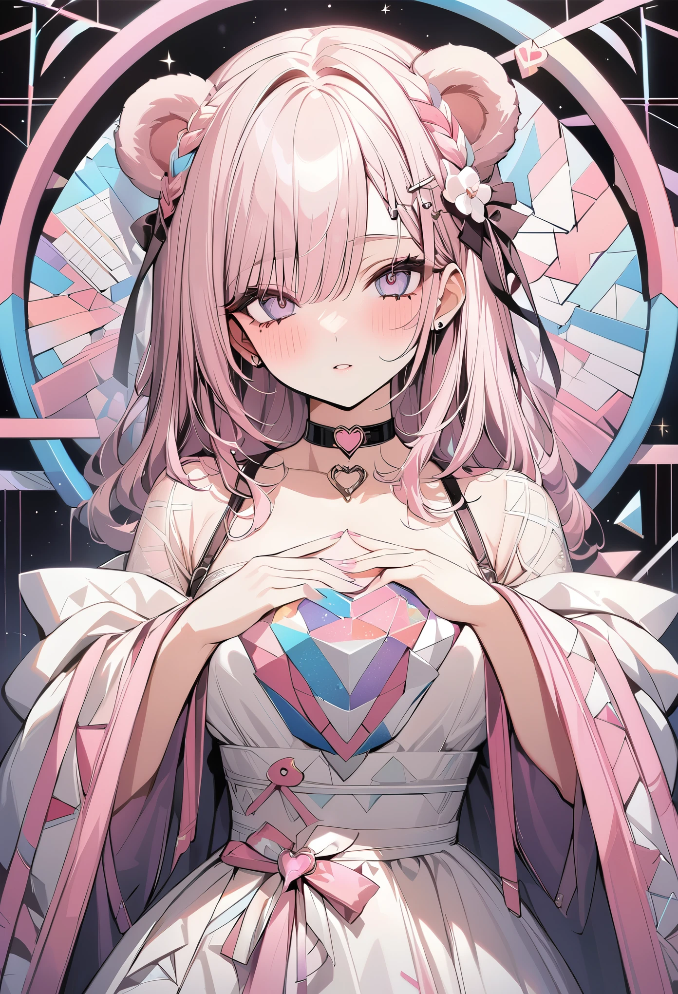 ,beautiful flower々),mole under eye, heart shaped choker, (masterpiece, highest quality), official art, beautiful and aesthetic: 1.2), (1 girl), very detailed, (geometry art: 1.3), colorful、pink bob hair、bear ears、 whole body