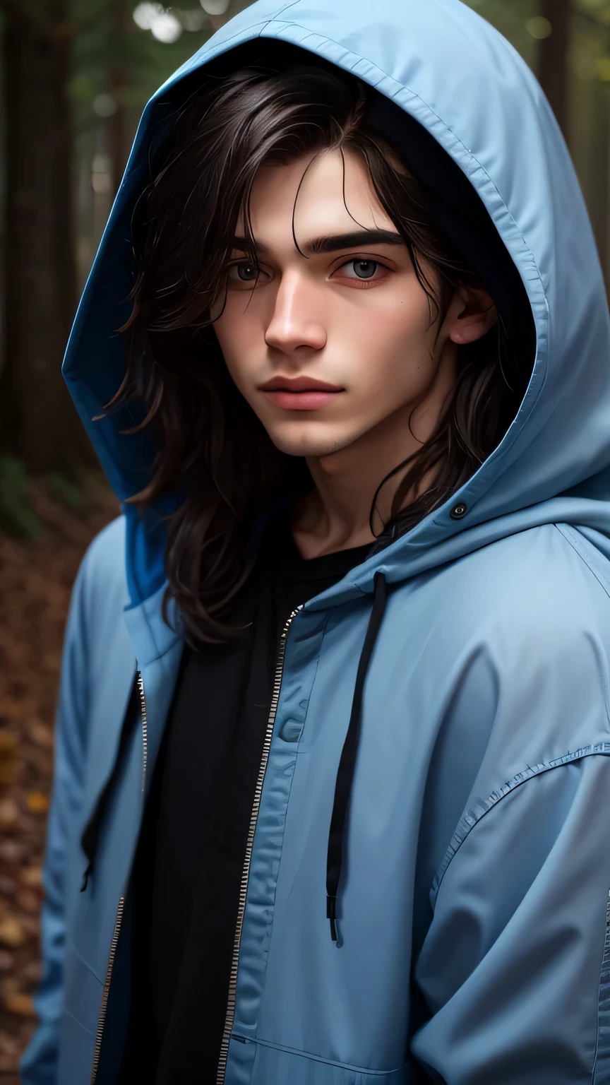Best quality, hyperrealistic, photo of young man, white skin, 18 years, blue flannel with hood, with black long messy hair, thick lips