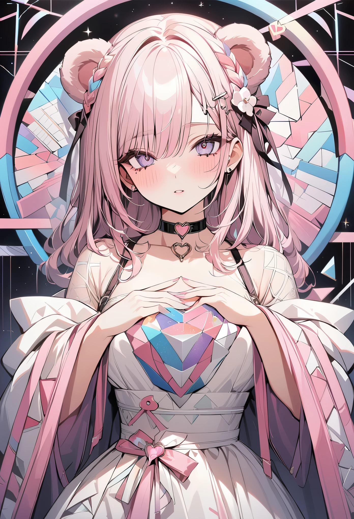 ,beautiful flower々),mole under eye, heart shaped choker, (masterpiece, highest quality), official art, beautiful and aesthetic: 1.2), (1 girl), very detailed, (geometry art: 1.3), colorful、pink bob hair、bear ears、 whole body