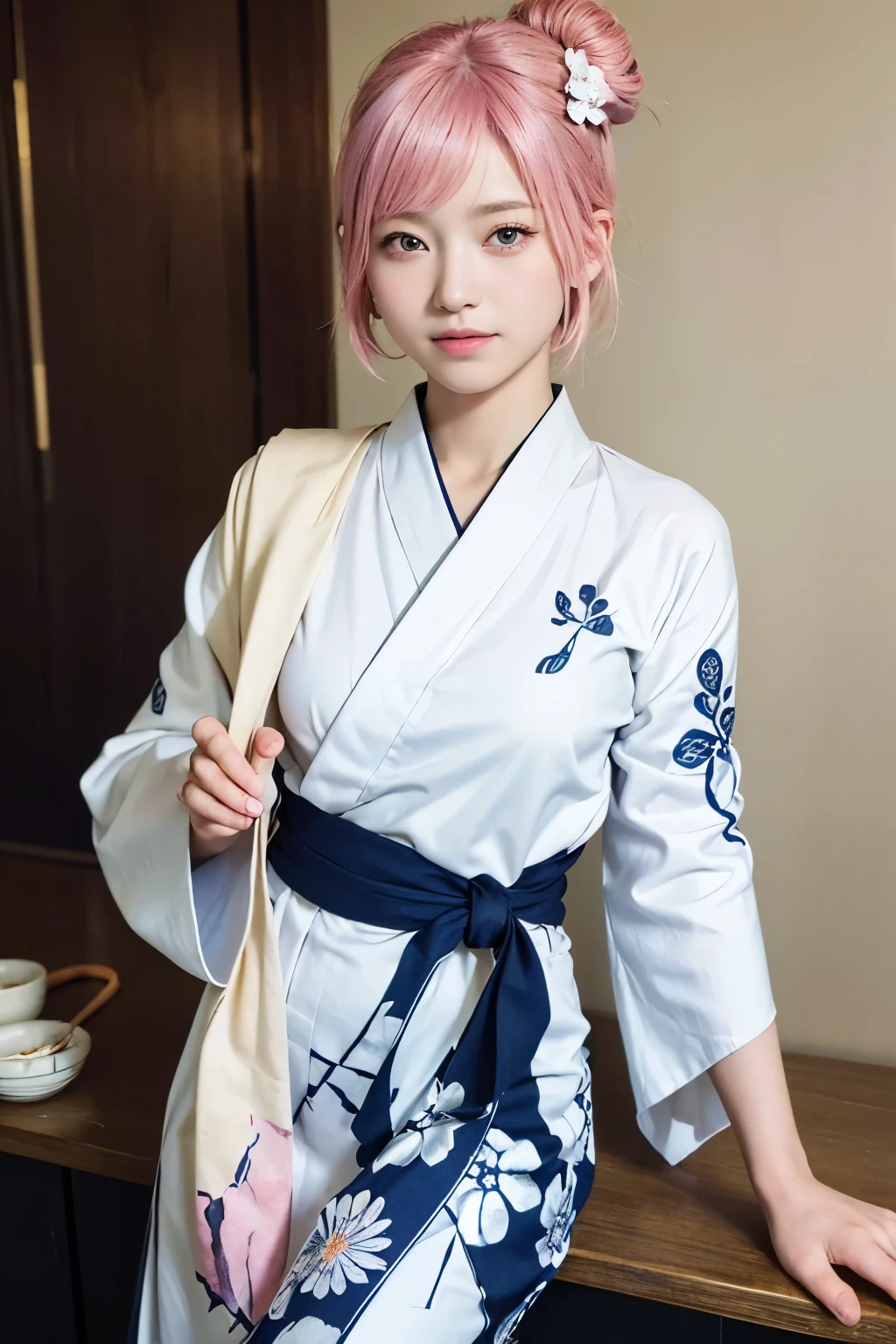 (8K, highest quality, masterpiece:1,2), (realistic, Photoreal:1.37), Super detailed, one girl,), (very detailed), (detailed and beautiful eyes), (highest qualityの), (Super detailed ), (masterpiece), (detailed face),20-year-old, ,1 girl, ((pink hair,very short hair)), medium breasts, dressed, perfect lighting, break  (navy blue haori:1.3), (white collar:1.2), (three quarter sleeves:1.2), (white kimono:1.4), (nature motif pattern:1.2), (navy blue hakama:1.3), (Ankle length:1.2), (The hem is not too wide either、:1.2), (white obi:1.4), (simple knot:1.2), (white foot bag:1.2), (Black geta:1.2), (low height:1.2), (Easy to walk:1.2), (bun hair:1.2), (hair ornaments:1.2), (flowers and pieces of paper:1.2), break bun hair, flowers and pieces of paper hair ornaments, smile, friendly, looking at camera, hold soba with right hand, Holding chopsticks with left hand, Please do not put soup on the soba., In front of the soba shop counter, Wall with menu and photos, Natural light, Adding soft shadows to the face
