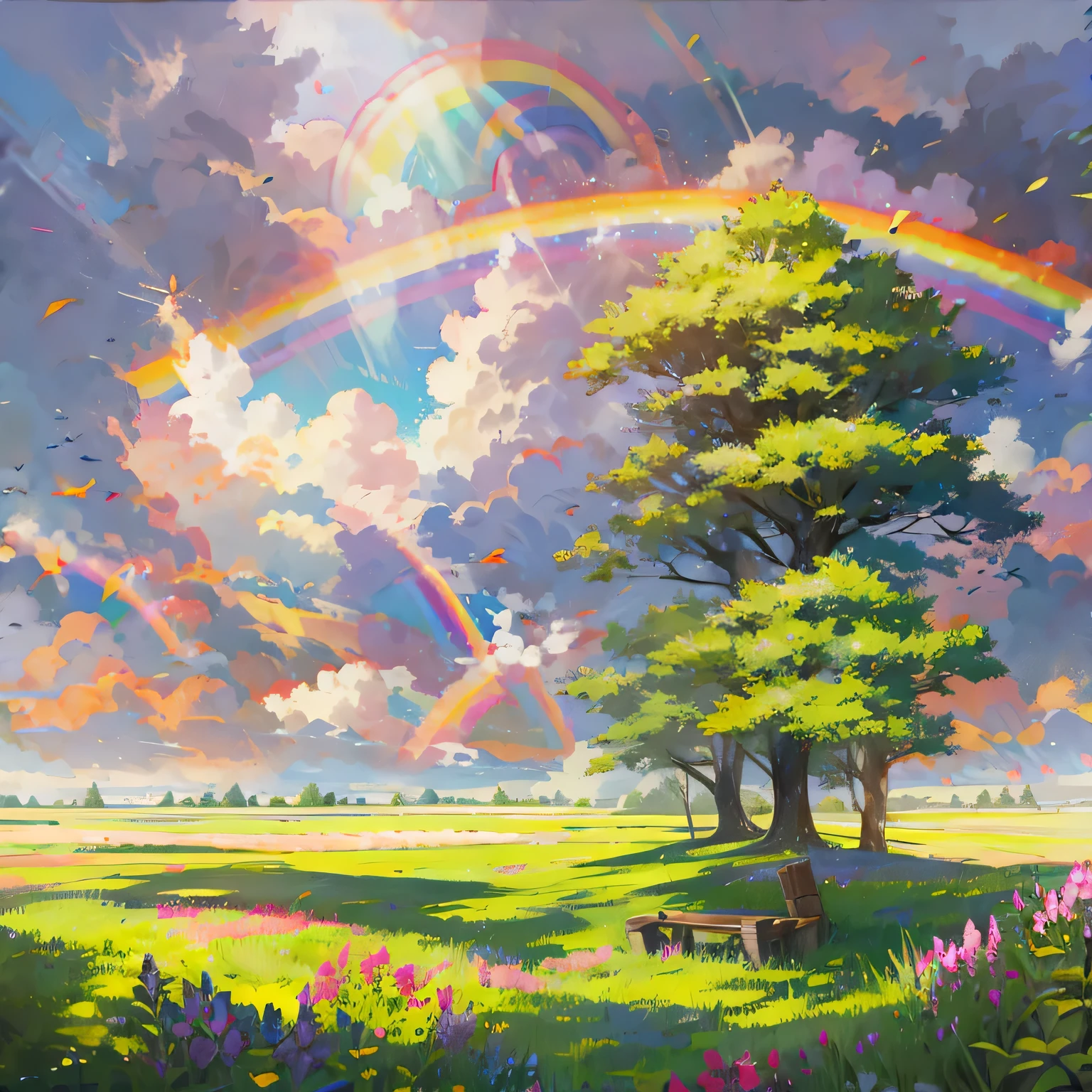 There is a rainbow in the sky、sunny、Grasslands spread