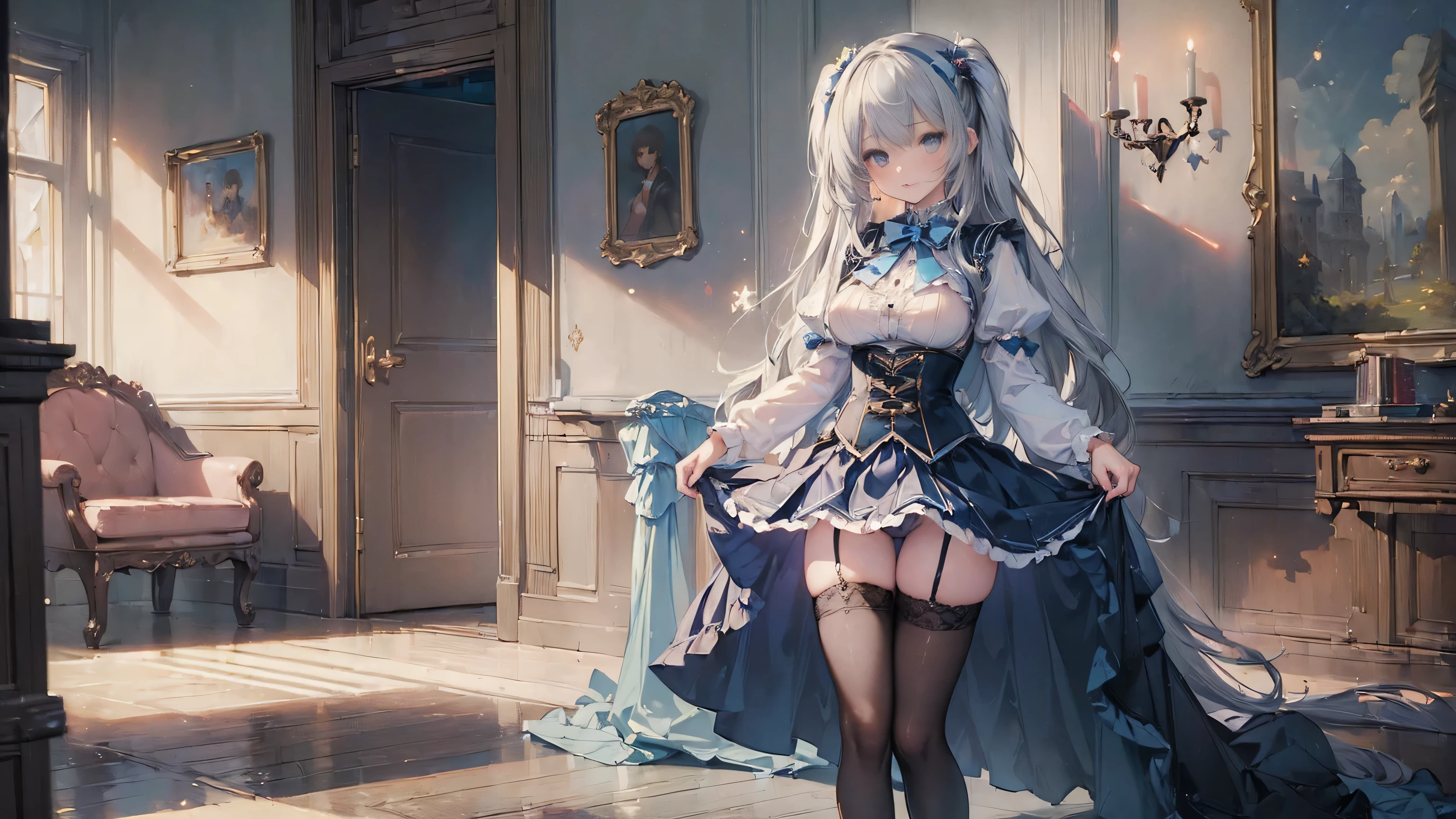 (best quality, masterpiece:1.7), full body, (large breasts:1.2), very long hair, (blue thighhighs:1.3), high heels, (tiny microskirt:1.4), corset, garter belts, silver hair, tall girl,