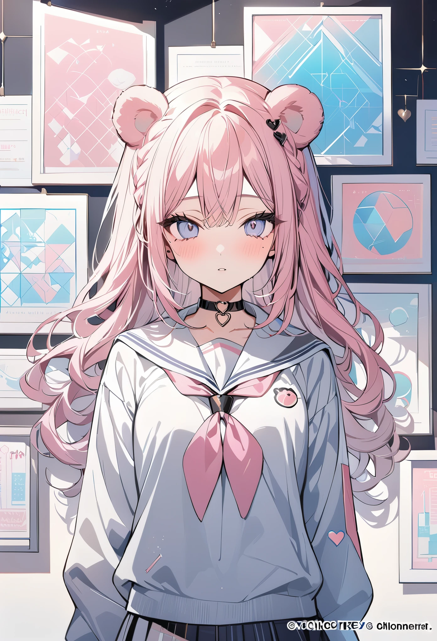 ,beautiful flower々),mole under eye, heart shaped choker, (masterpiece, highest quality), official art, beautiful and aesthetic: 1.2), (1 girl), very detailed, (geometry art: 1.3), colorful、pink bob hair、bear ears、 college uniform、whole body