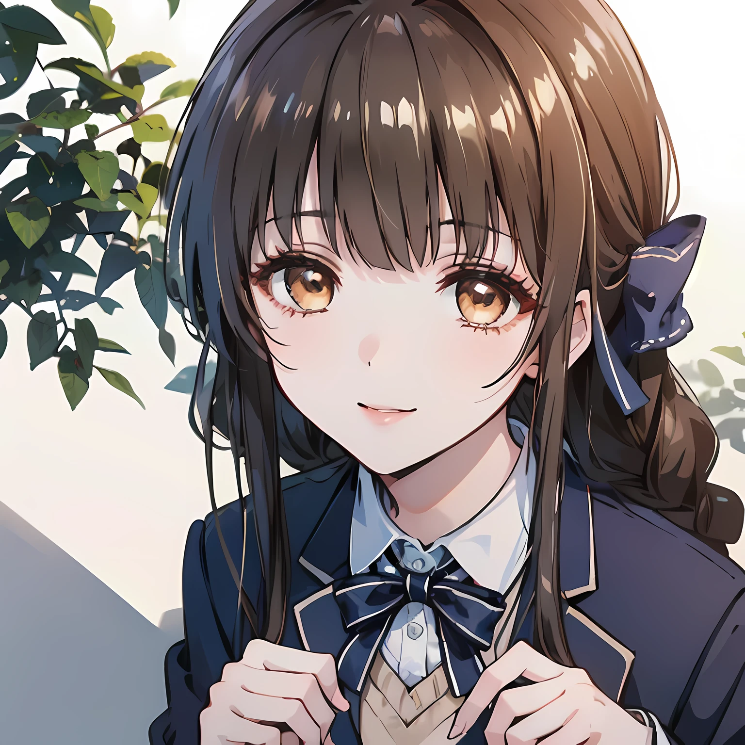 highest quality, (masterpiece:1.2), High resolution, perfect pixel, One so beautiful woman is standing, 16 years old, (((big very detailed beautiful dark brown eyes))), ((girly large wine-red glossy polyester Japanese school ribbon bow tie)), ((((very beautiful straight long hair)))), ((((dark blue & deep navy colored tartan checkered formal skirt)))), ((A formal dark blue blazer that is slightly larger and has a gold emblem on the left chest that feels like the texture of the cloth.)), ((Looking up at the viewer and smiling)), Very fun, Very happy, mouth is open, the skirt is so cute, detailed fingers, modest chest, curled bangs, ((Lip balm)), so beautiful, long eyelashes, ((Skirt and bow tie is photo realistic)), ((Showcasing the beauty of hair to viewers)), ((very big girly hair ribbons)), ((Impressive and very beautiful eyes)), (((shot from above))), double eyelids, The entire skirt is photographed, ((((upward glance))))