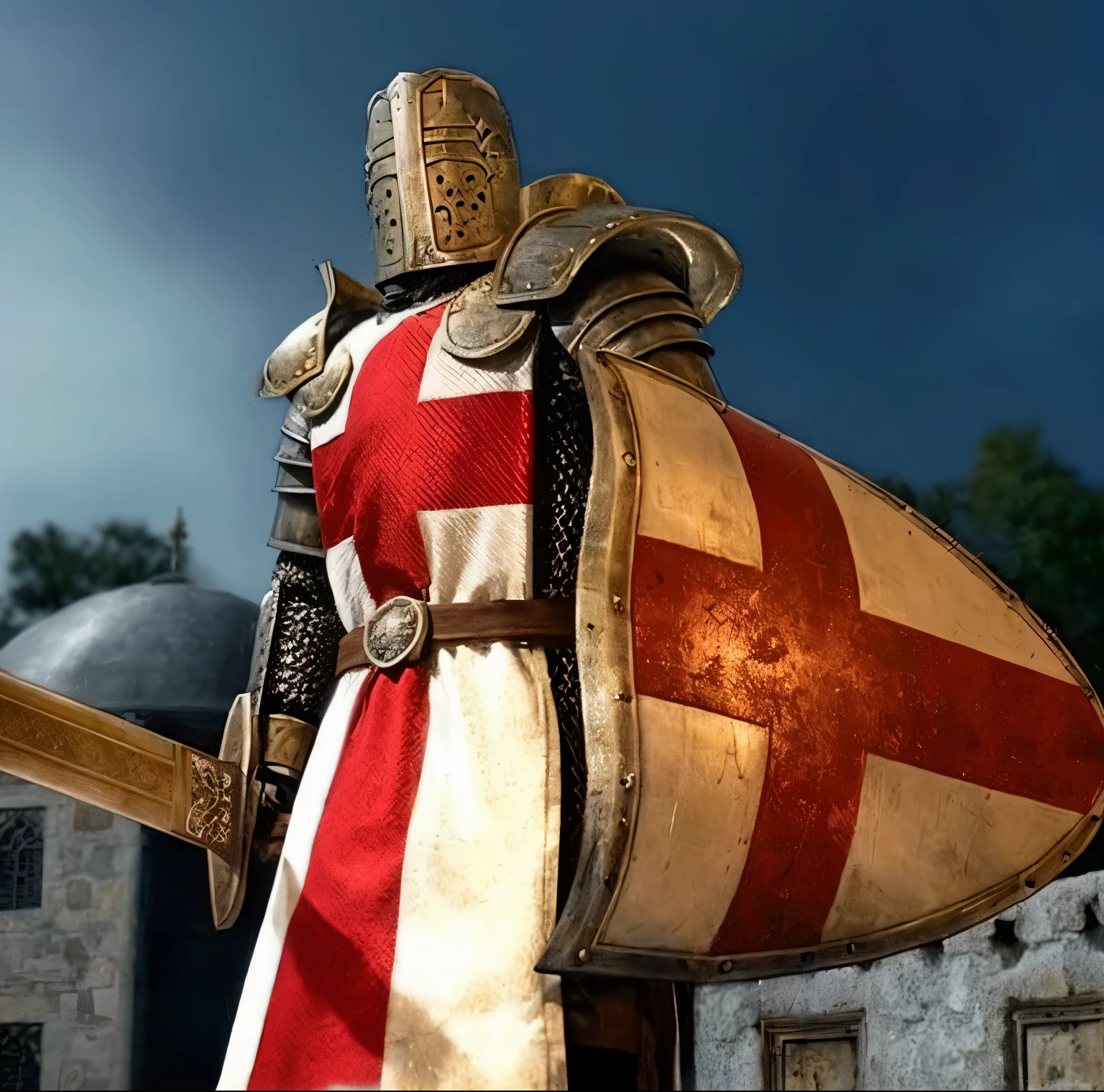 arafed caballero in full armor with sword and shield in front of a building, holy cruzadar medieval, holy cruzadar medieval caballero, holy medieval cruzadar, medieval holy cruzadar caballero, templar, holy cruzadar, teutonic caballero, medieval caballero, caballeros templar in a space suit, cruzadar kings, (((caballero))), cruzada, mujer templaria pelirroja, armored caballero
