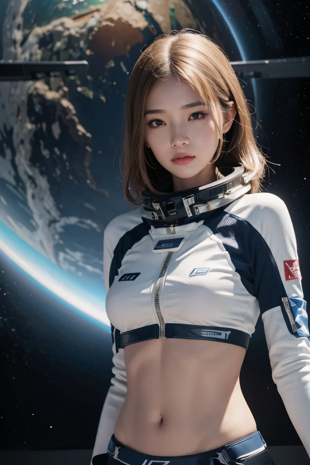 Girl astronaut , beautiful girl, light pink hair, huge breasts, wearing a bare-chested suit astronaut, sexy post, in the space, on the moon.