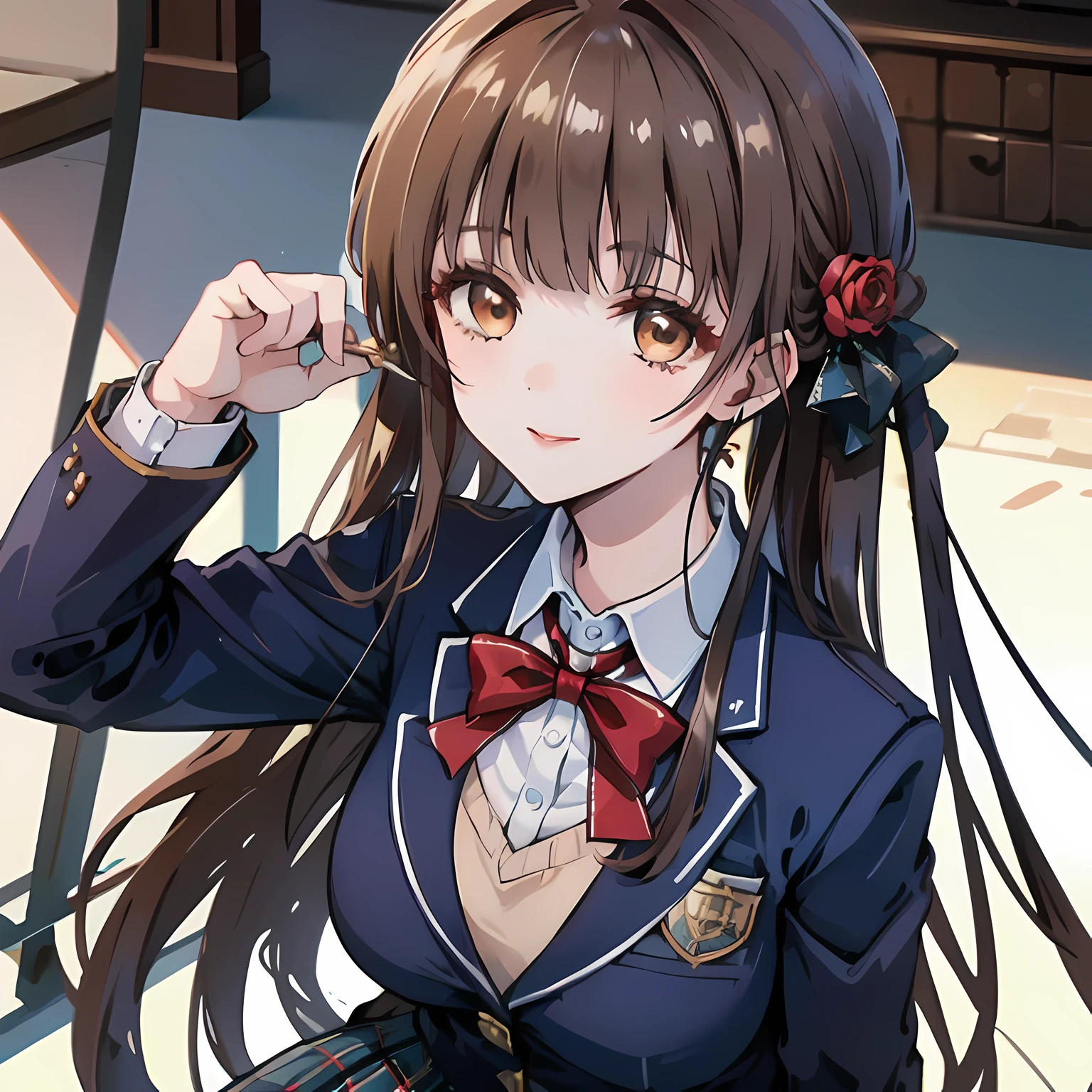 highest quality, (masterpiece:1.2), High resolution, perfect pixel, One so beautiful woman is standing, , (((big very detailed beautiful dark brown eyes))), ((girly large wine-red glossy polyester Japanese school ribbon bow tie)), ((((very beautiful straight long hair)))), ((((dark blue & deep navy colored tartan checkered formal skirt)))), ((A formal dark blue blazer that is slightly larger and has a gold emblem on the left chest that feels like the texture of the cloth.)), ((Looking up at the viewer and smiling)), Very fun, Very happy, mouth is open, the skirt is so cute, detailed fingers, modest chest, curled bangs, ((Lip balm)), so beautiful, long eyelashes, ((Skirt and bow tie is photo realistic)), ((Showcasing the beauty of hair to viewers)), ((very big girly hair ribbons)), ((Impressive and very beautiful eyes)), (((shot from above))), double eyelids, The entire skirt is photographed, ((((upward glance))))